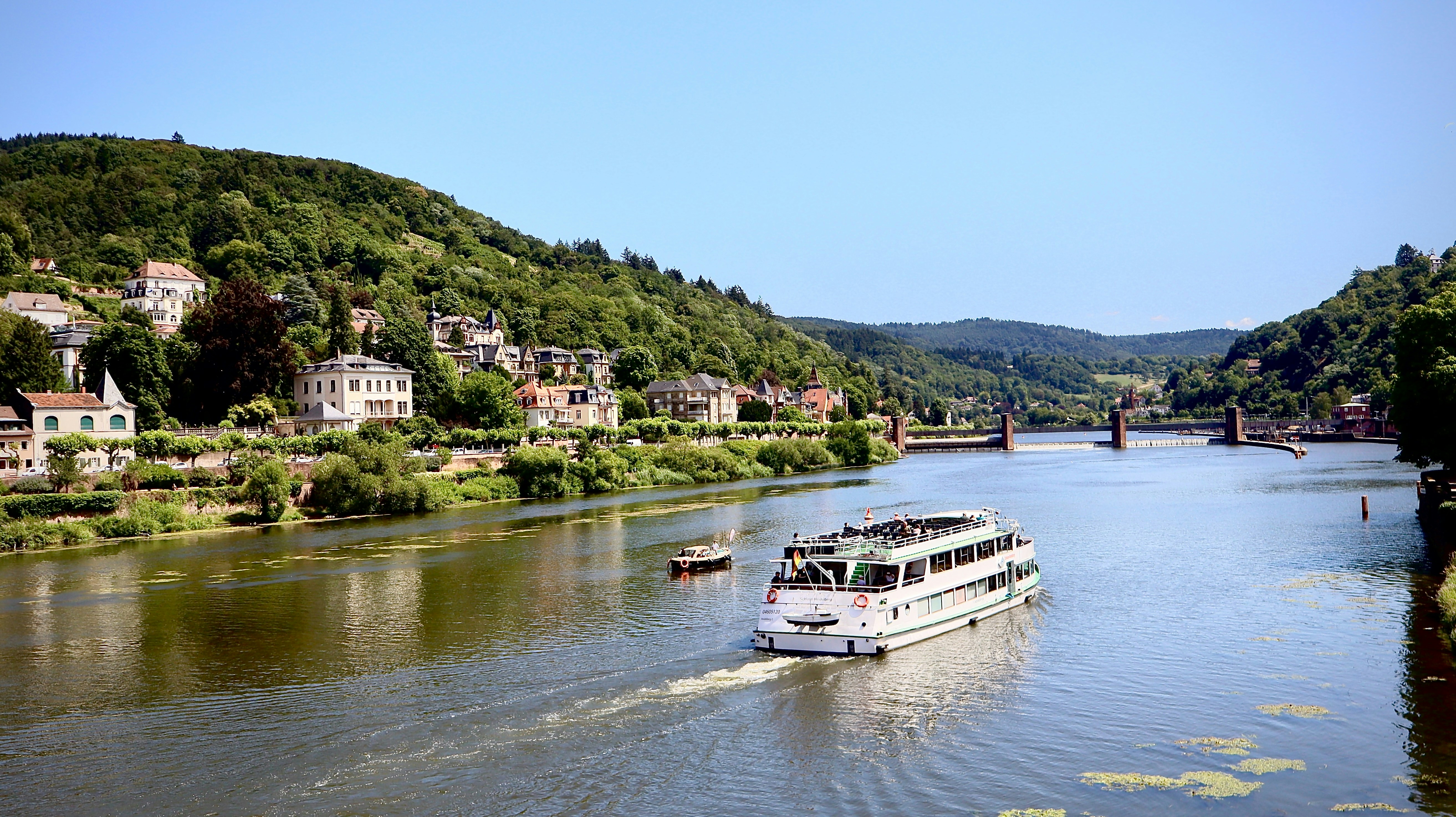A white passenger boat cruises on a scenic river.