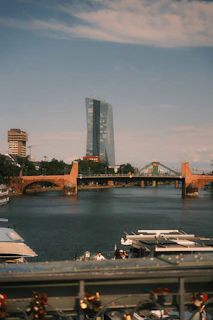 Frankfurt skyline with river, bridge, and modern skyscraper