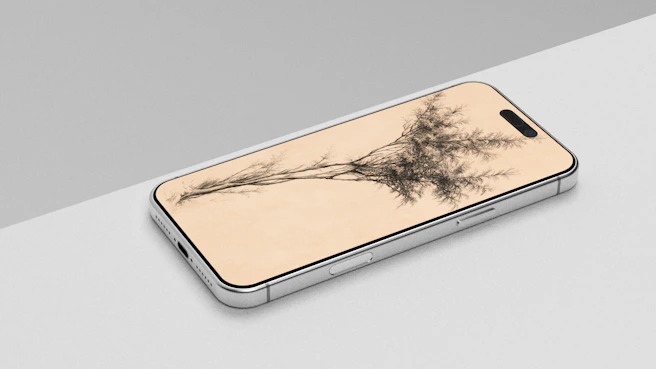 A silver smartphone displays a tree on a light background
