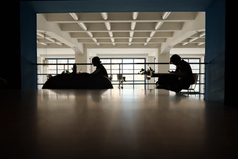 Two silhouetted people working in a modern office.