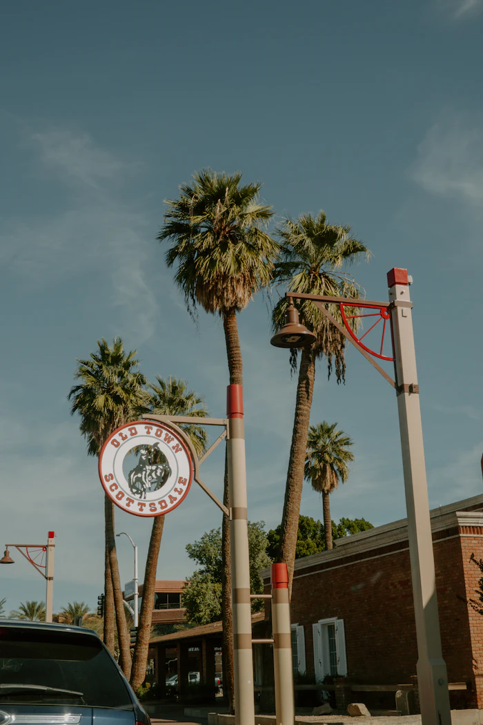 Old Town Scottsdale sign among palm trees, Arizona