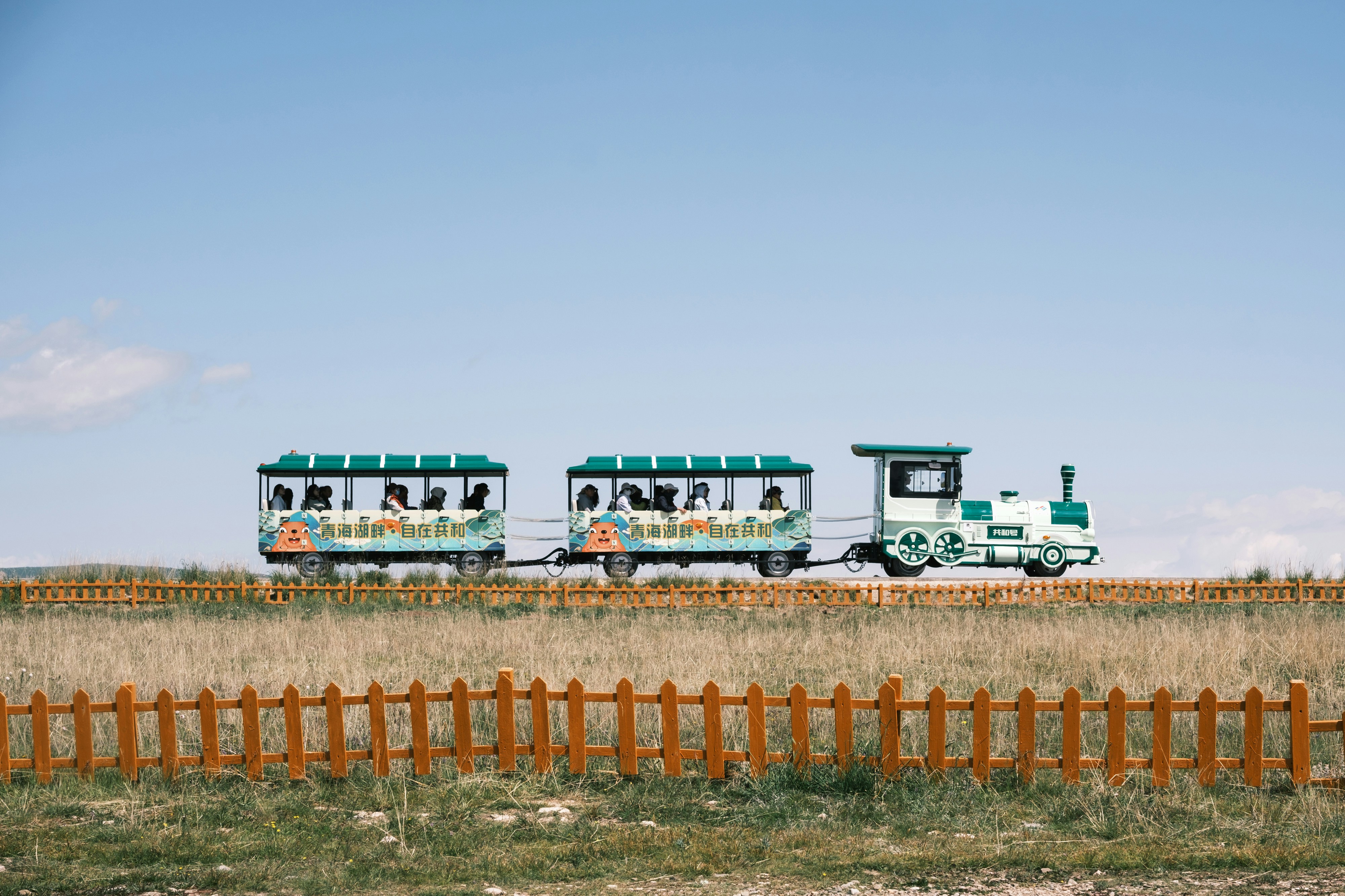 Green miniature train carrying people across a dry, grassy landscape.
