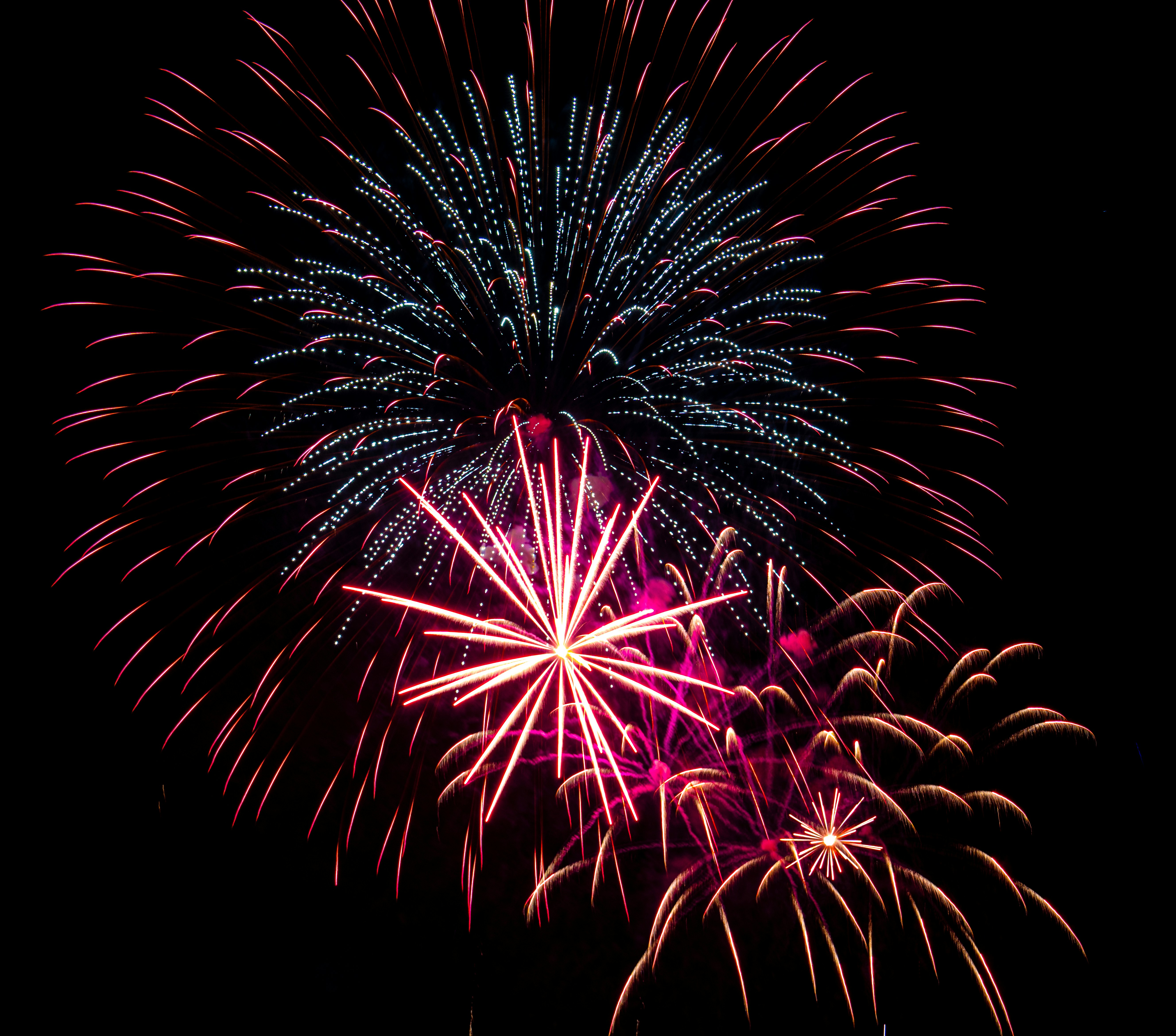 Colorful fireworks explode in the night sky.