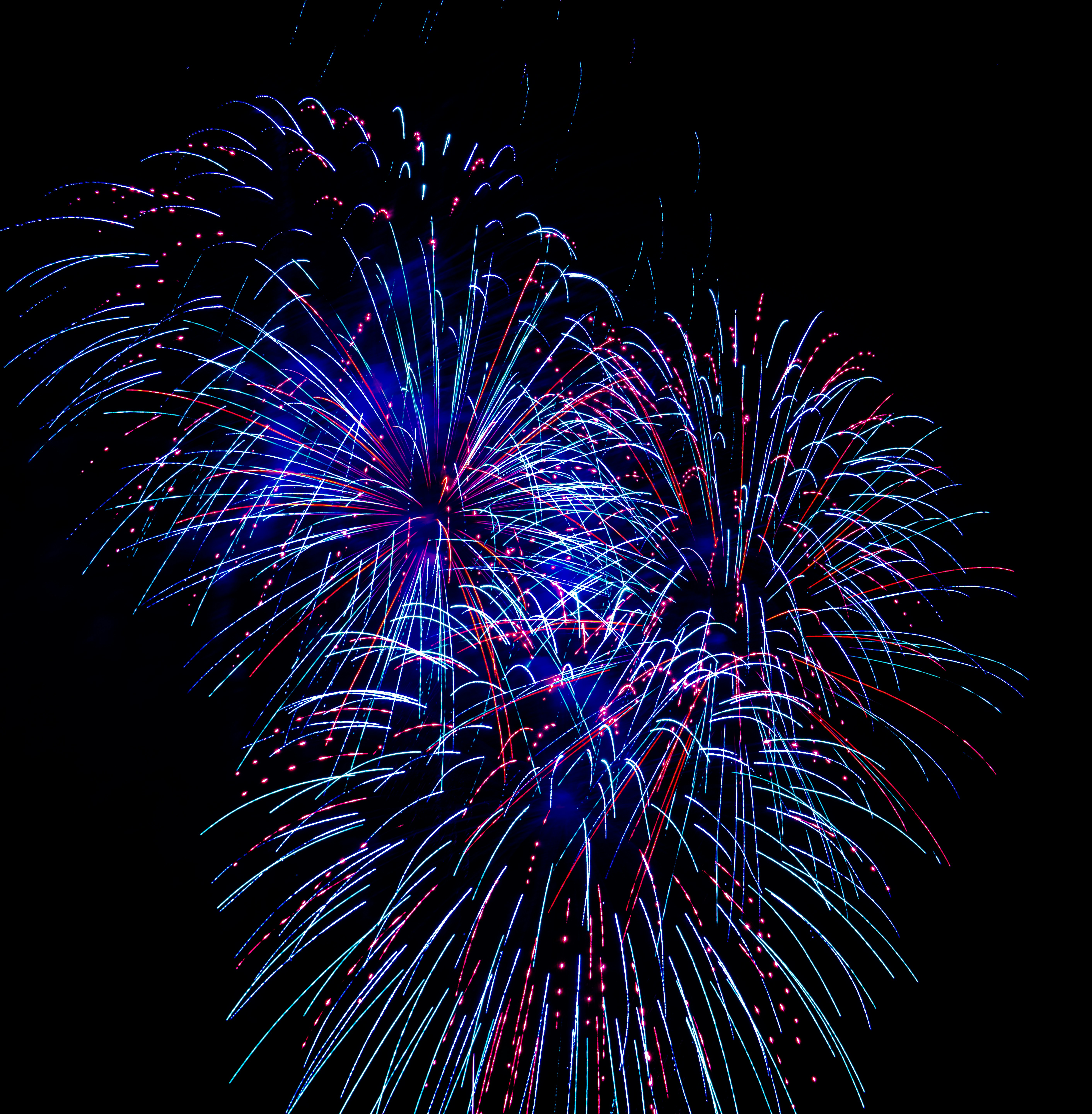 Colorful fireworks explode in the night sky.