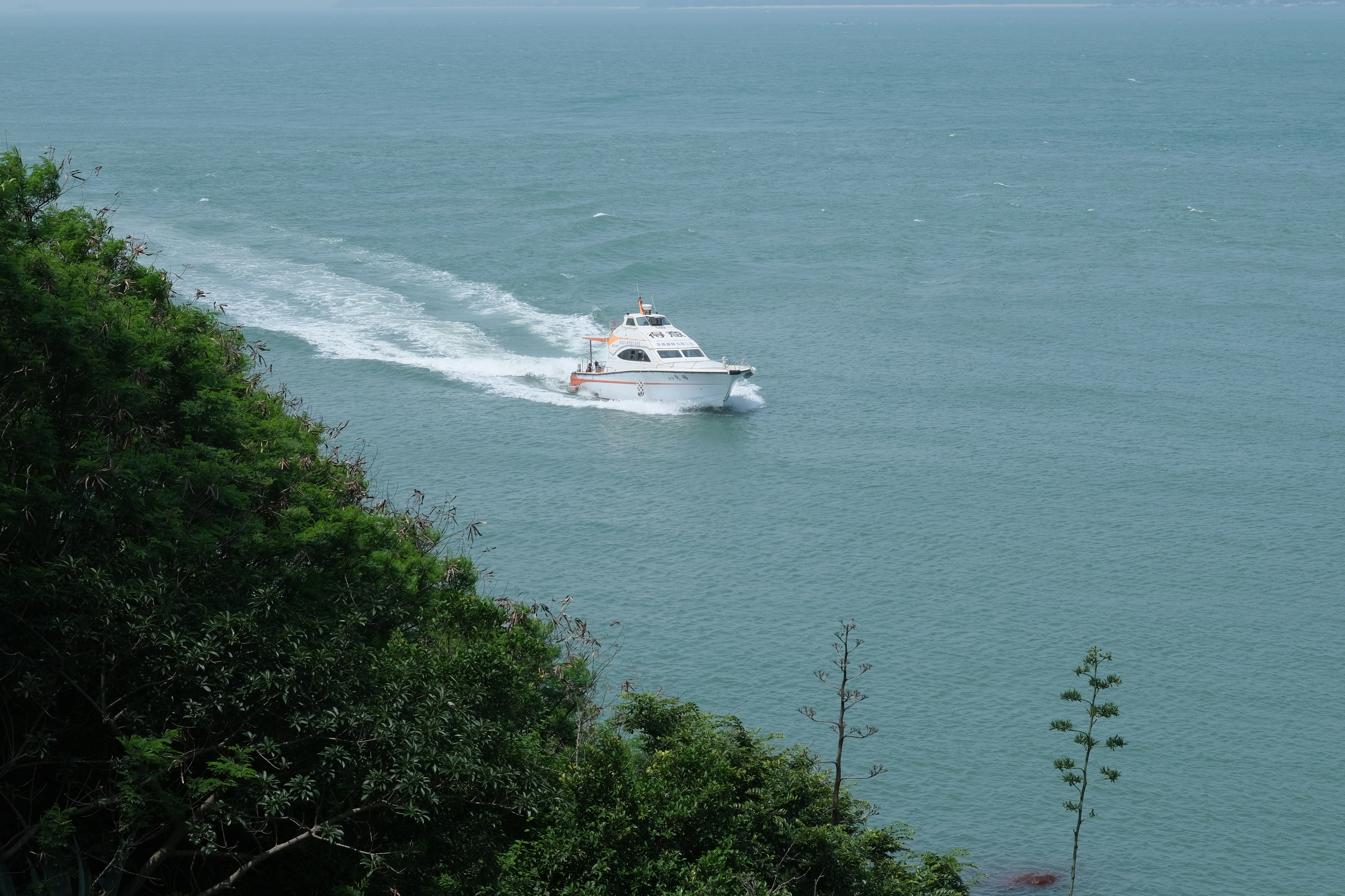 A boat cruises on blue water beside a green cliff