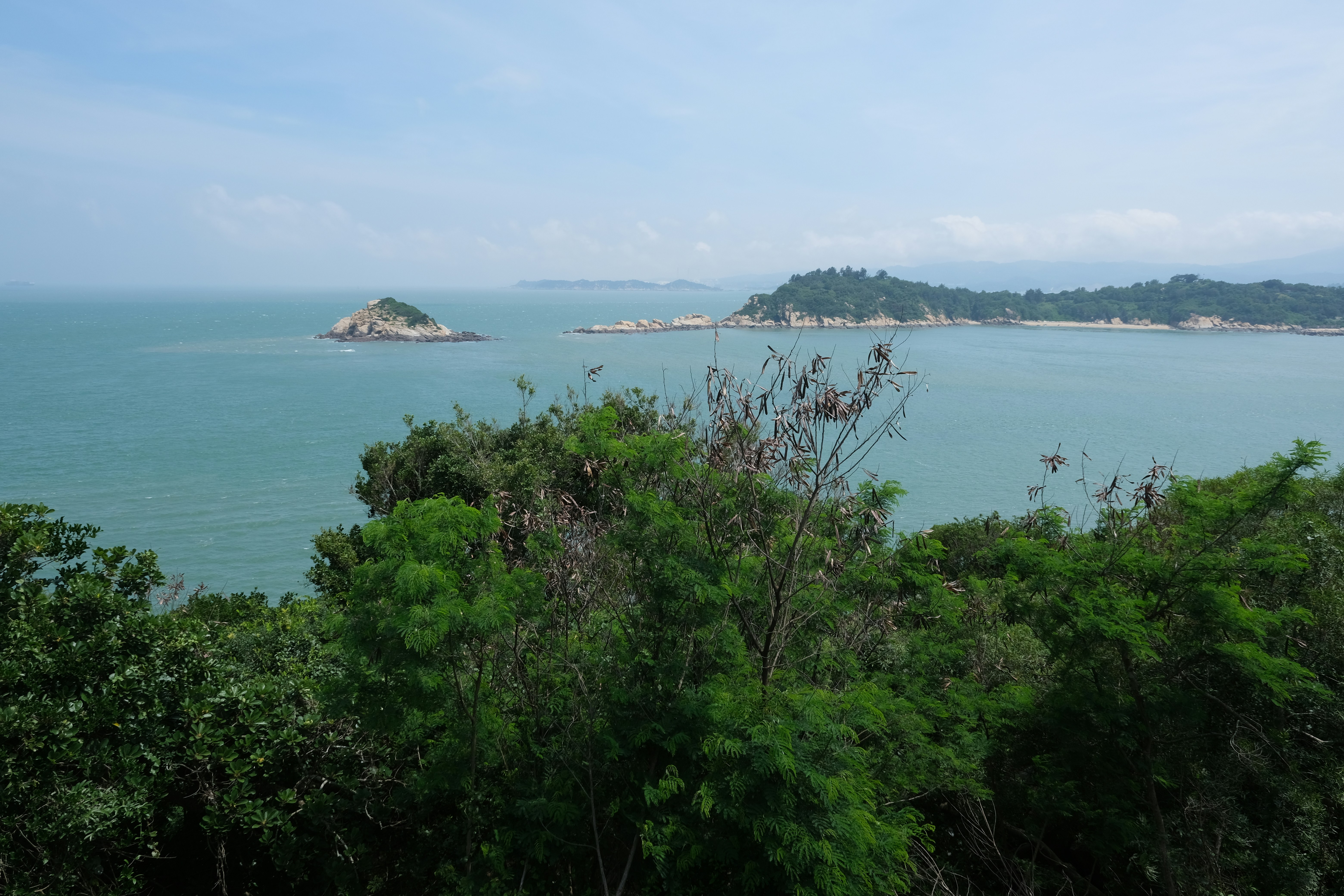 Lush green foliage overlooks a calm ocean and distant islands
