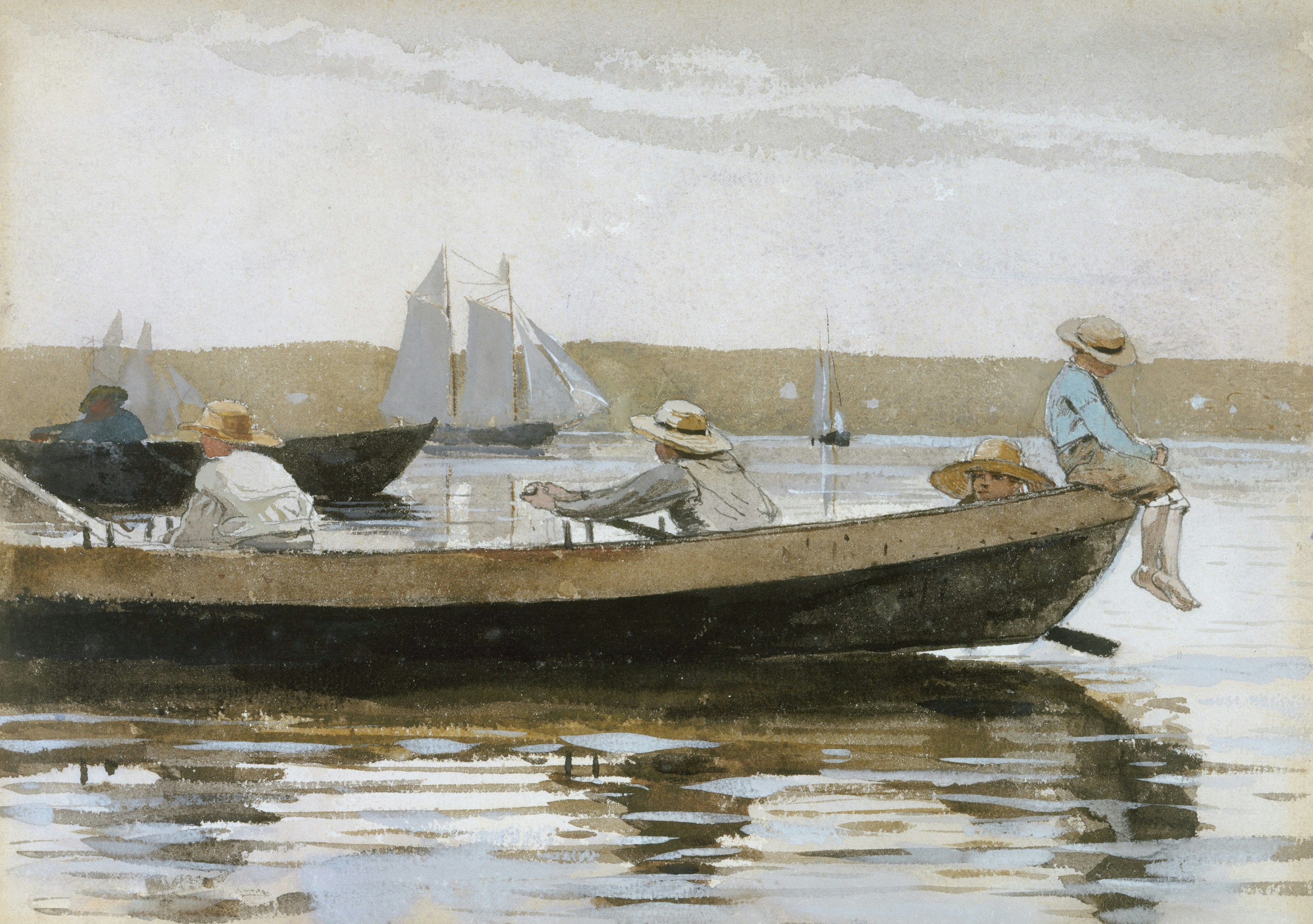 Title: Boys in a Dory,Artist: Winslow Homer (American, Boston, Massachusetts 1836–1910 Prouts Neck, Maine),Date: 1873,Culture: American,Medium: Watercolor washes and gouache over graphite underdrawing on medium rough textured white wove paper,Dimensions: 9 3/4 x 13 7/8 in. (24.8 x 35.2 cm),Credit Line: Bequest of Molly Flagg Knudtsen, 2001,Object Number: 2001.608.1,Curatorial Department: The American Wing. http://www.metmuseum.org/art/collection/search/17053