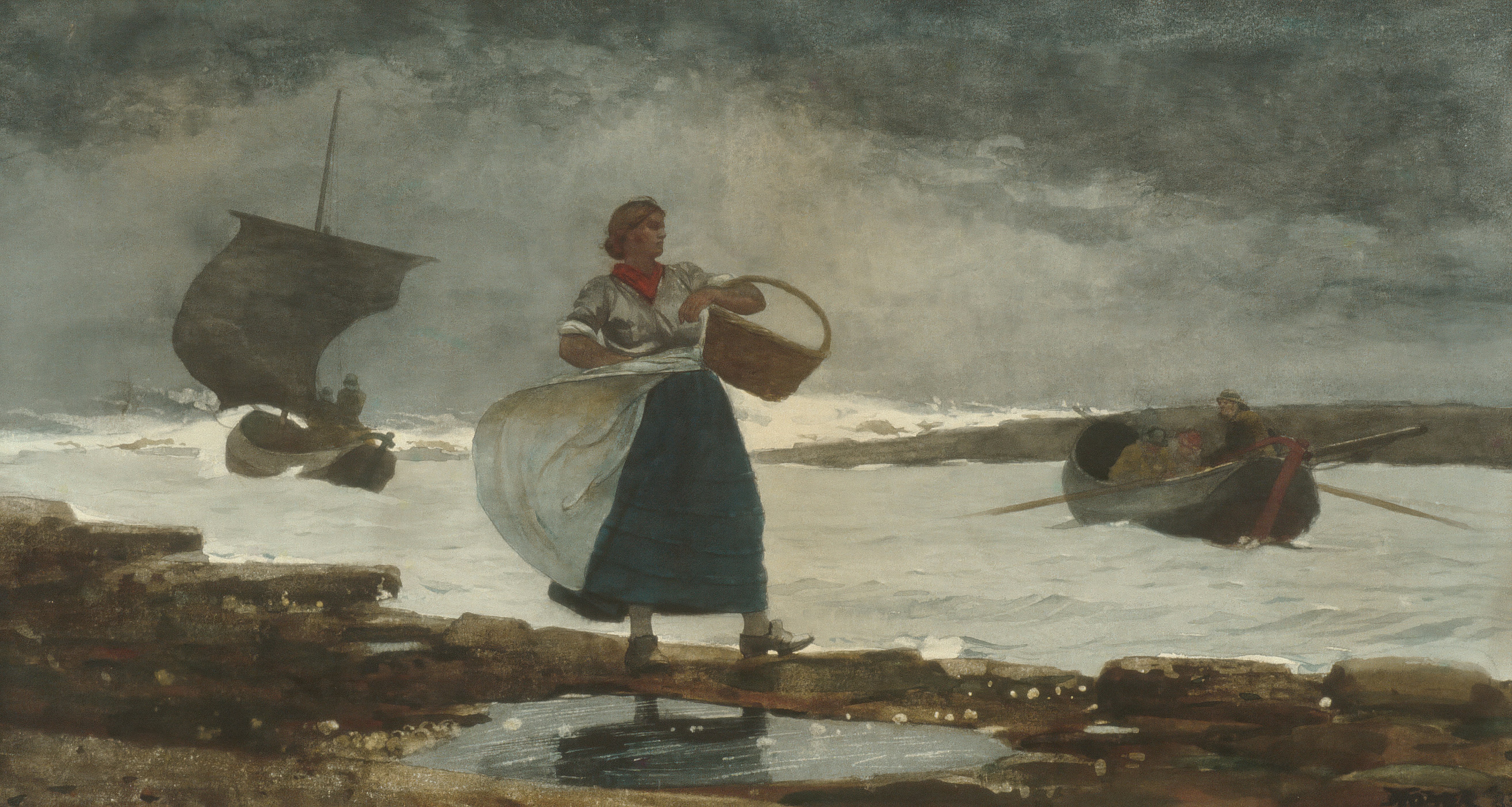 Stormy seascape with woman and boats in rough waters