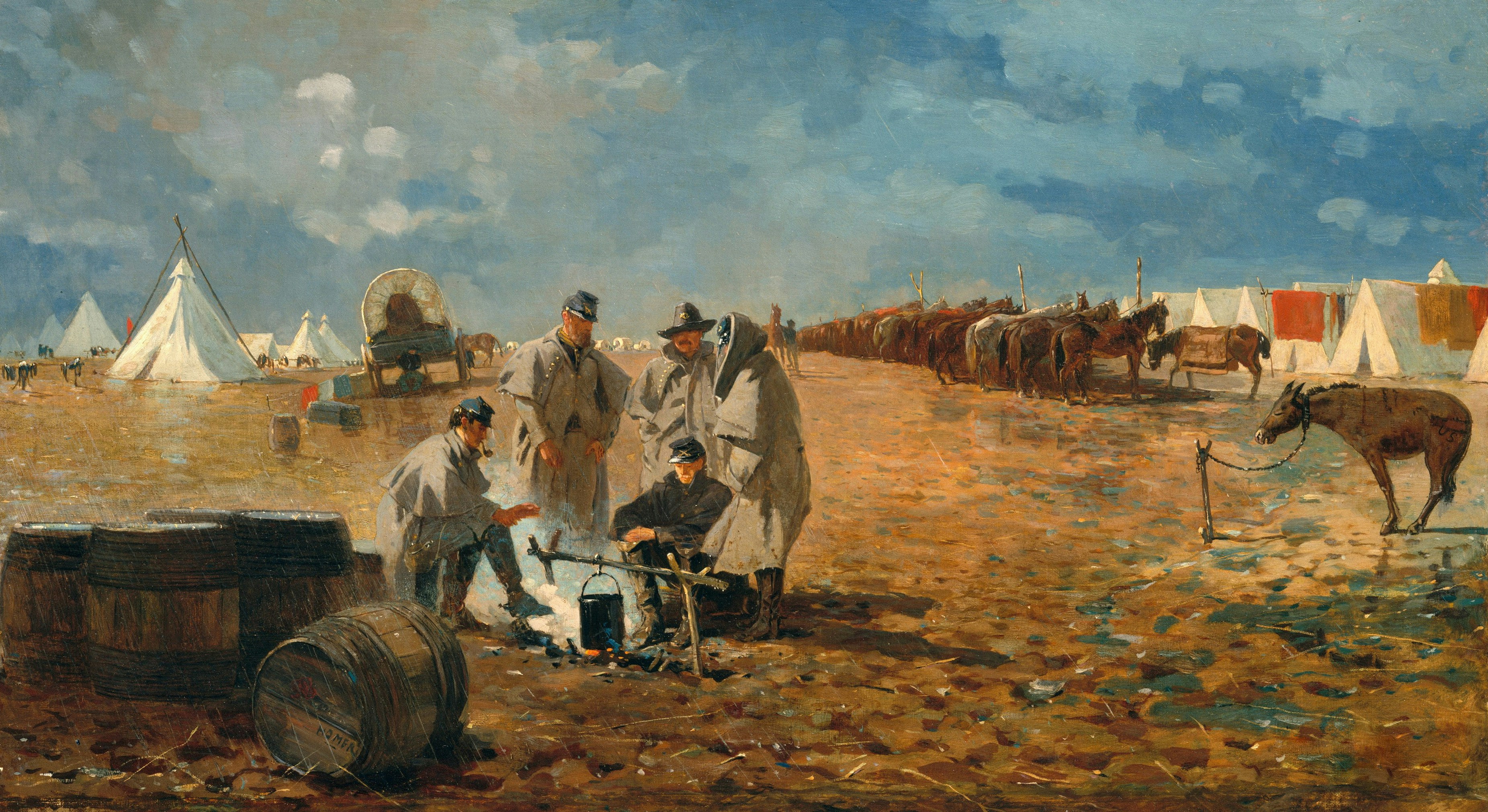 Soldiers gather in a camp with tents and horses.