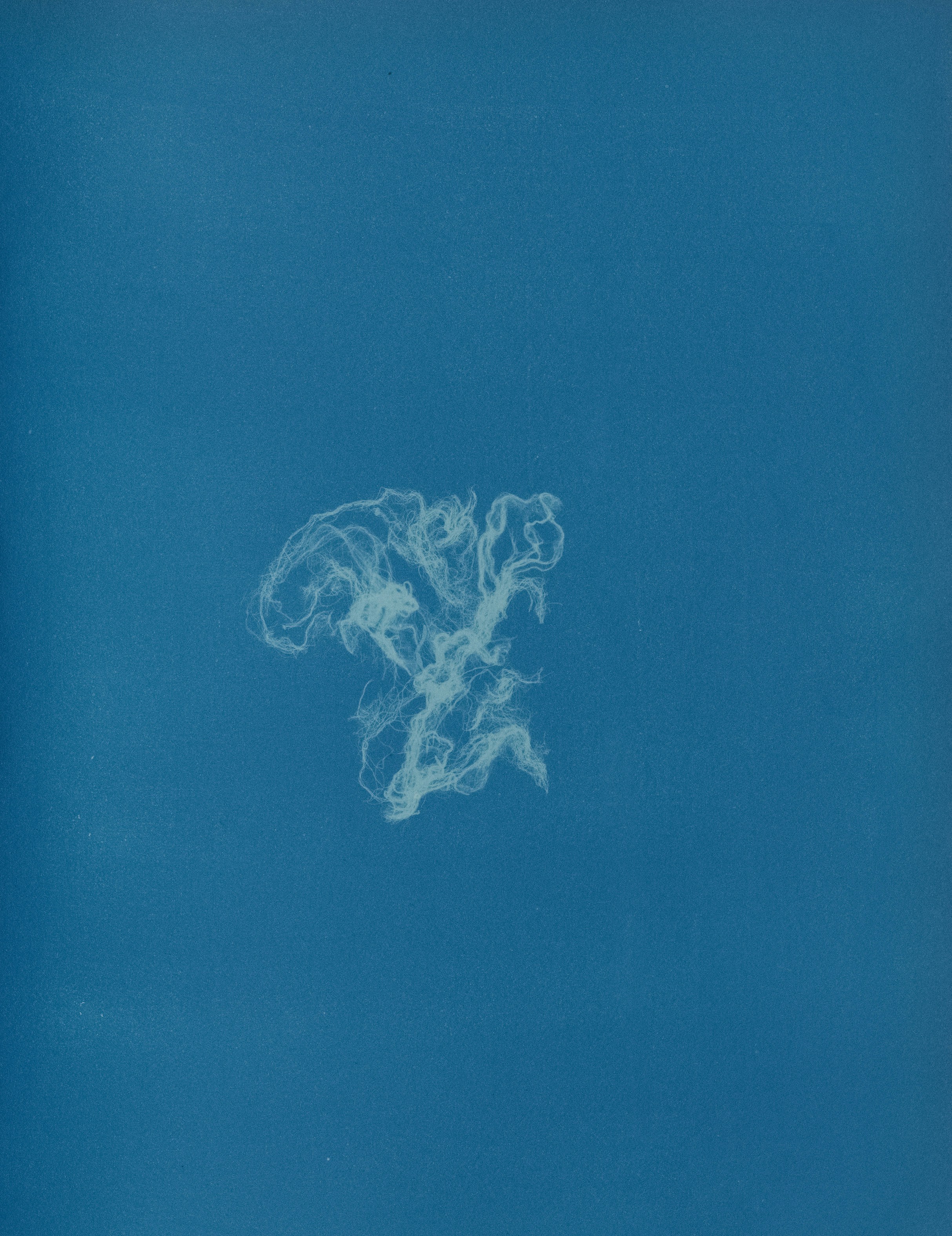 A wispy white shape floats on a solid blue background