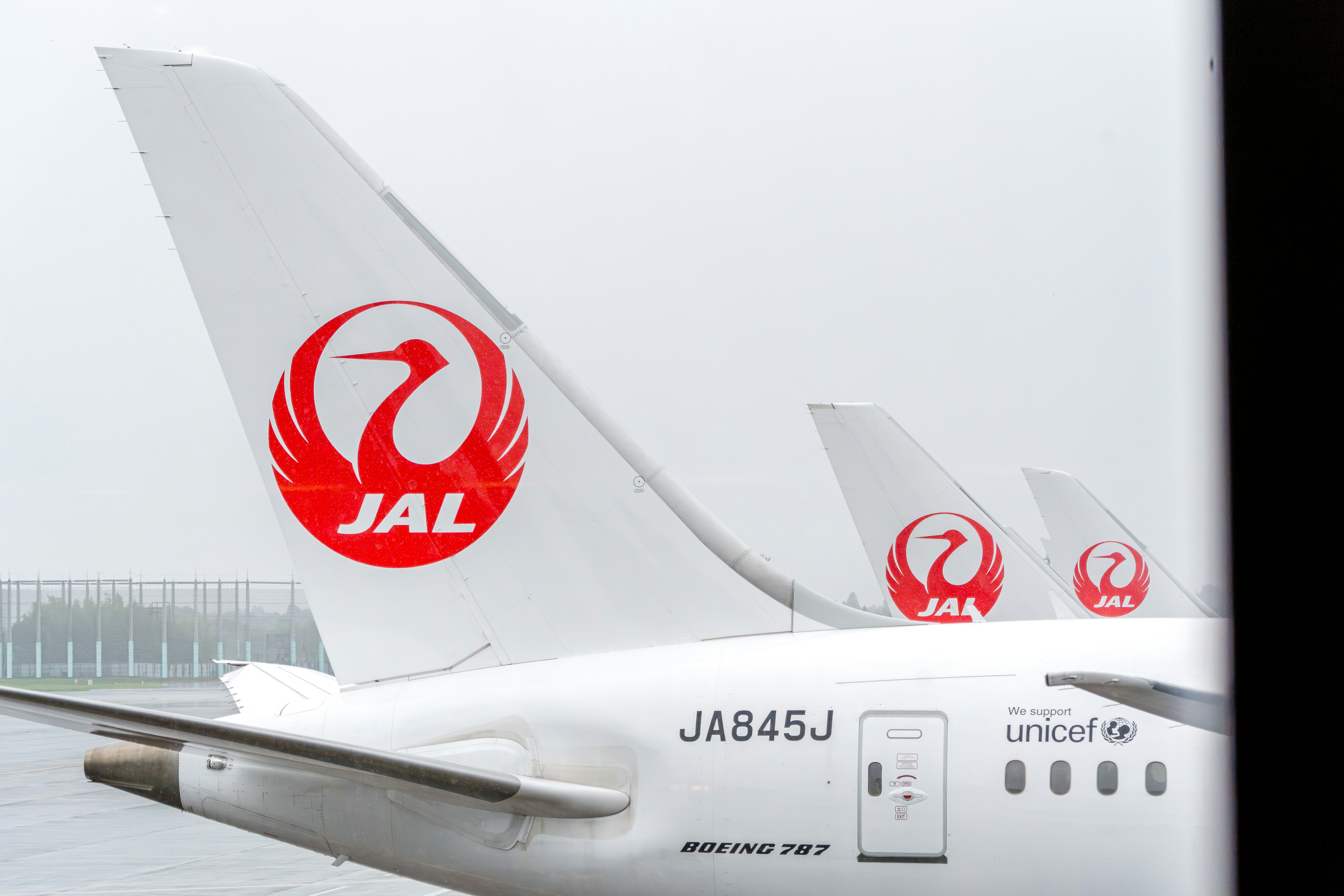 Multiple japan airlines aircraft tails with jal and unicef logos.
