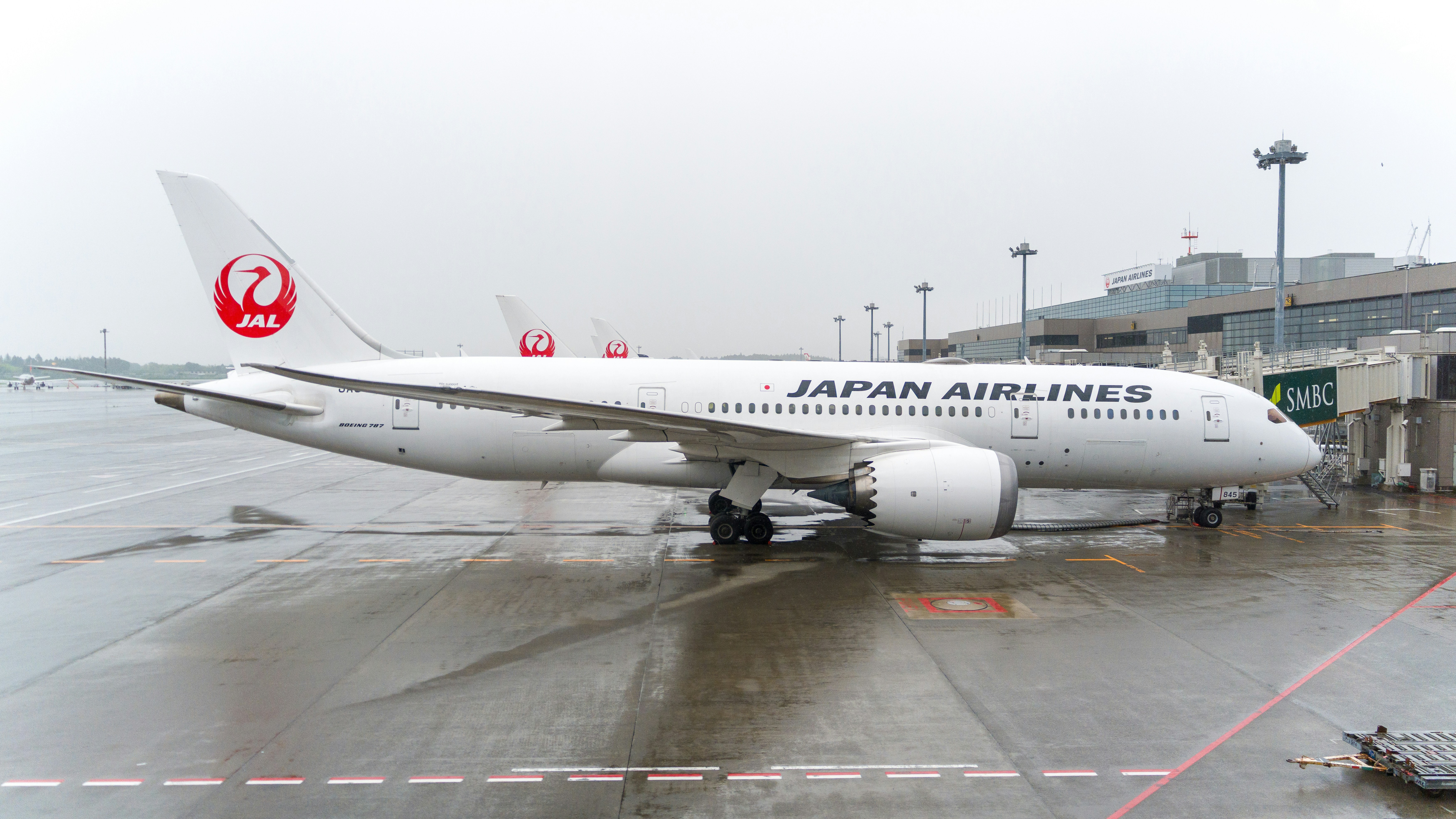 Japan airlines airplane parked at an airport gate.