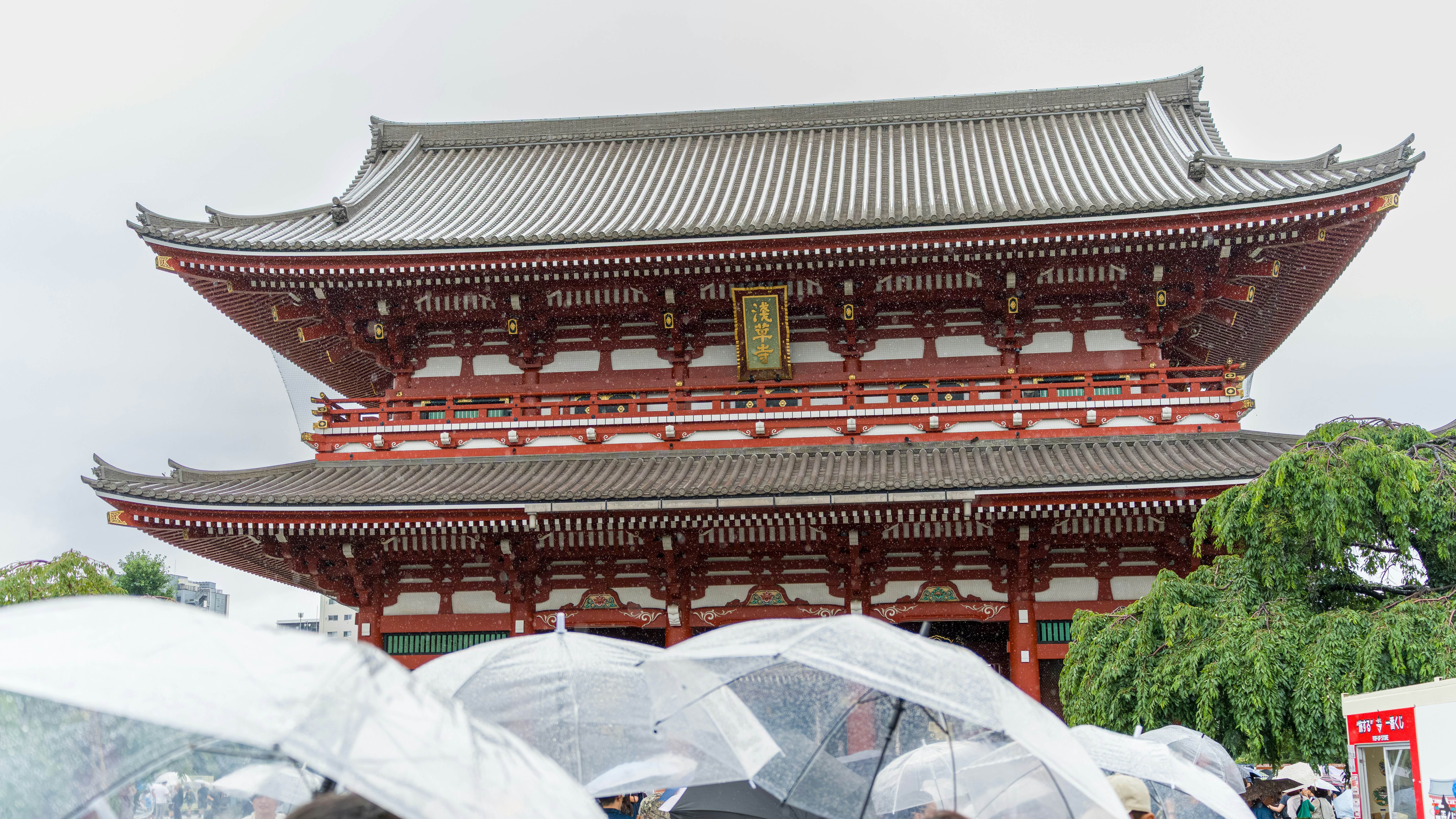 Large japanese temple with people holding clear umbrellas.