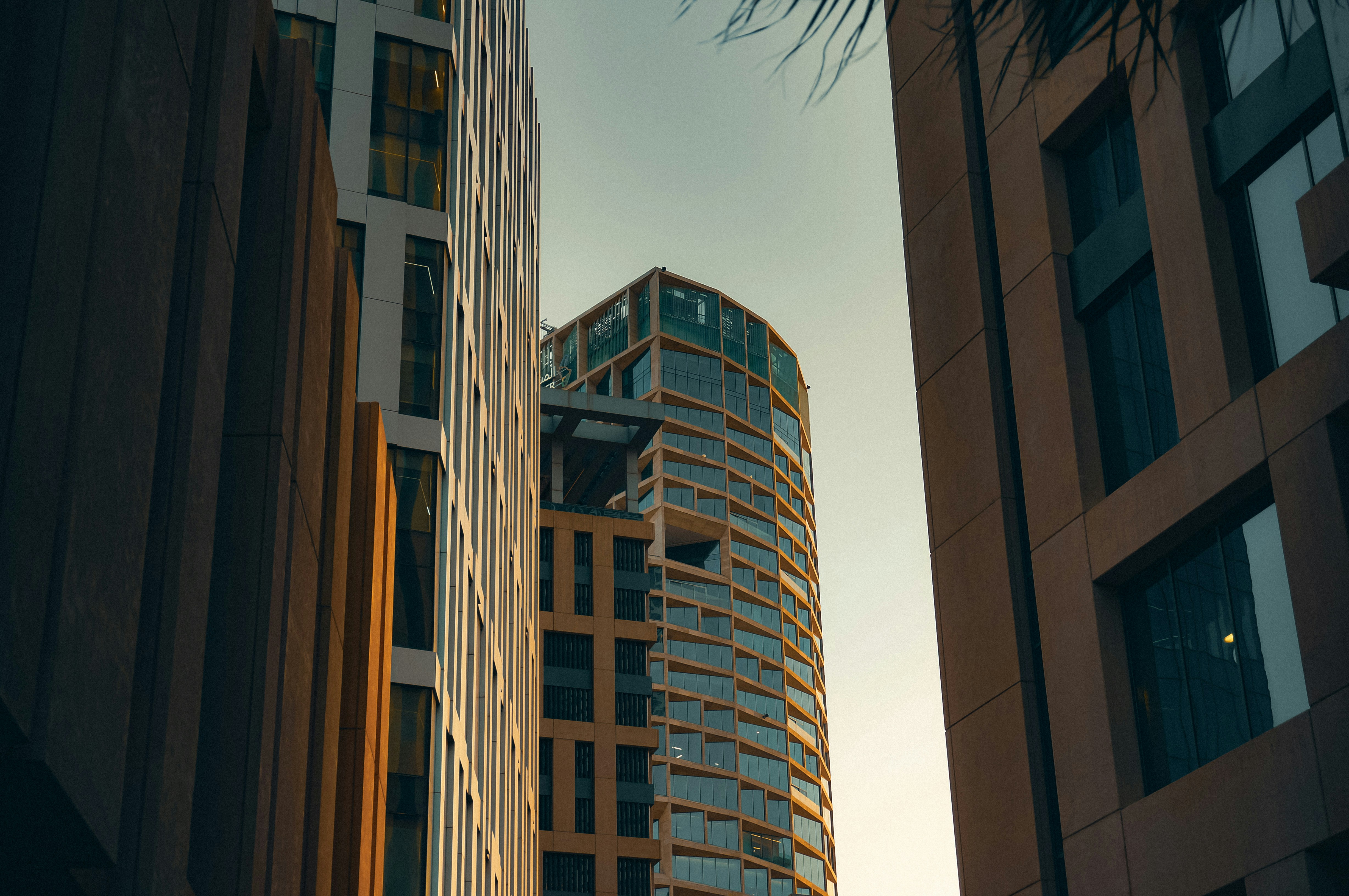 Upward view of modern city skyscrapers.