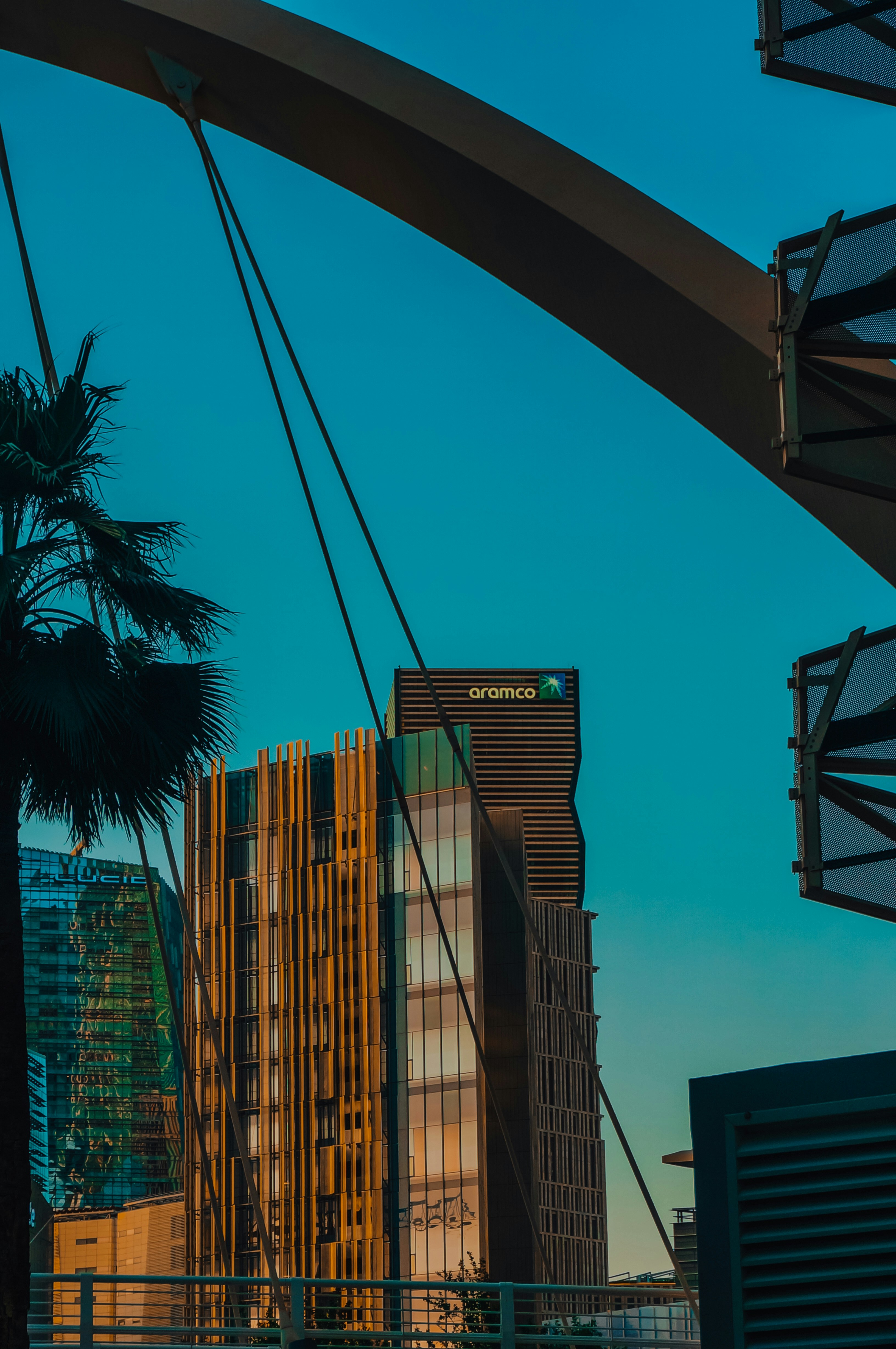Modern building, bridge, and palm tree against a blue sky.