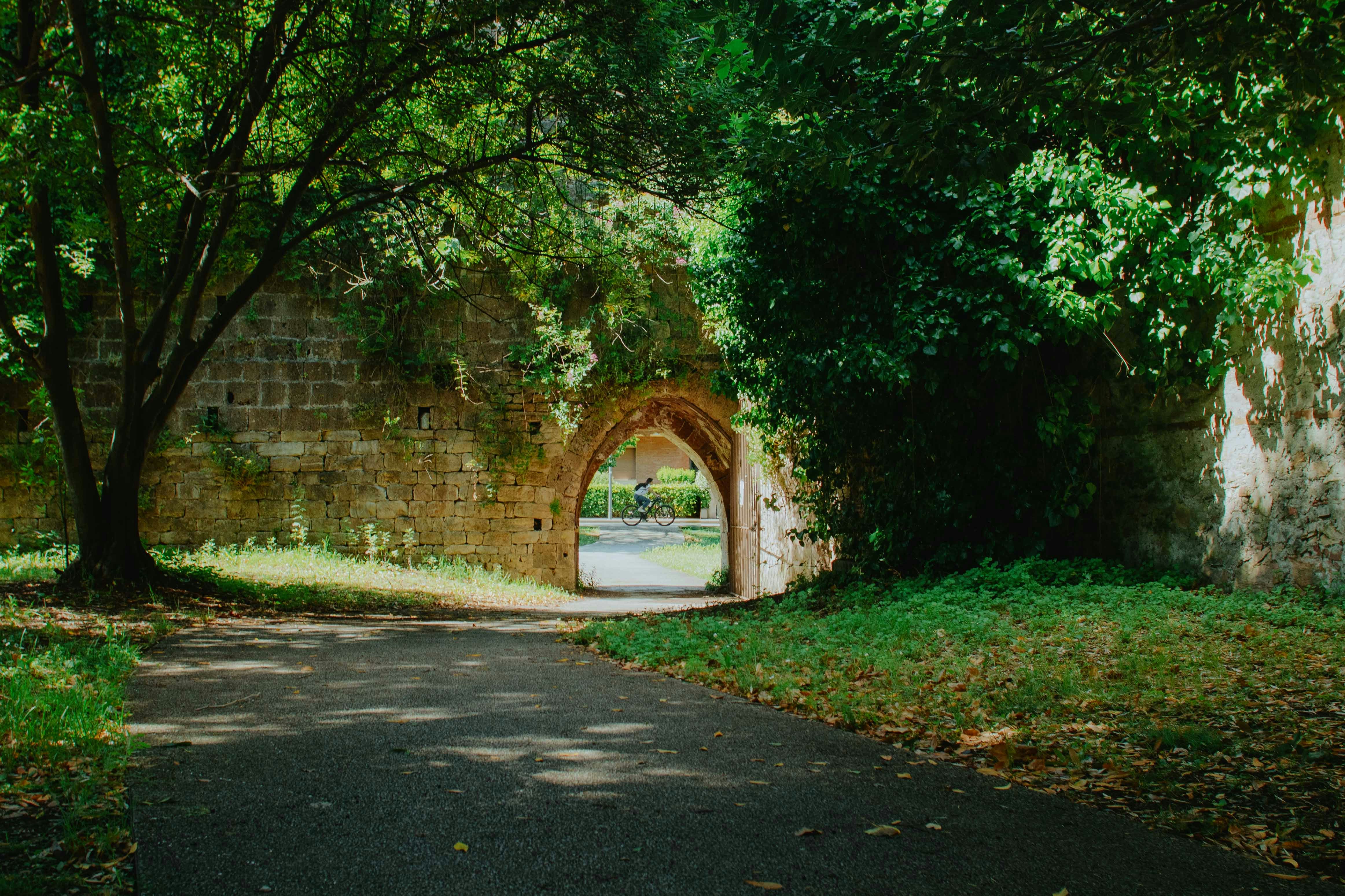 A shaded path leading to an old stone archway.