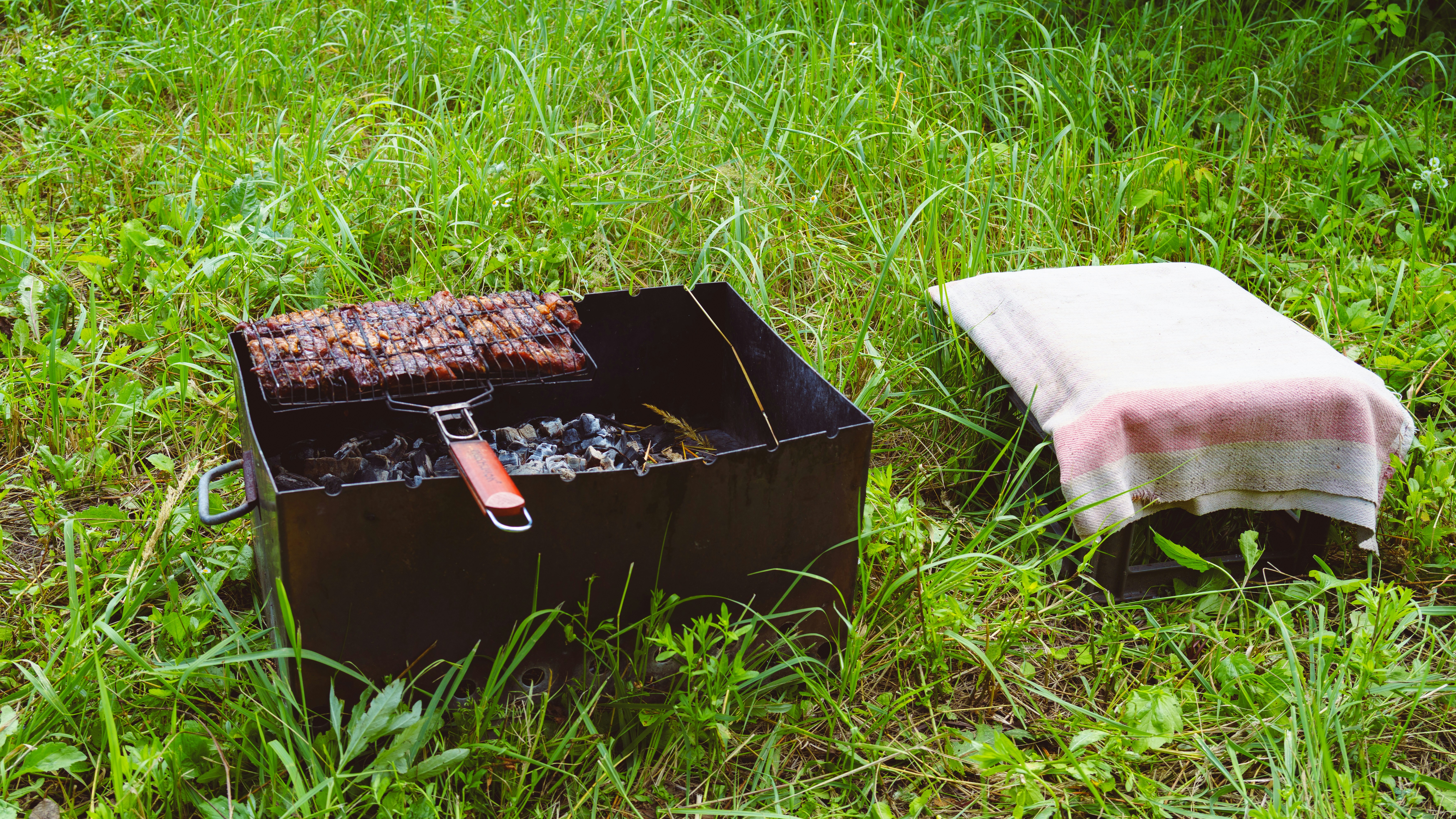 Fleisch, das auf einem Grill im grünen Gras im Garten gekocht wird.