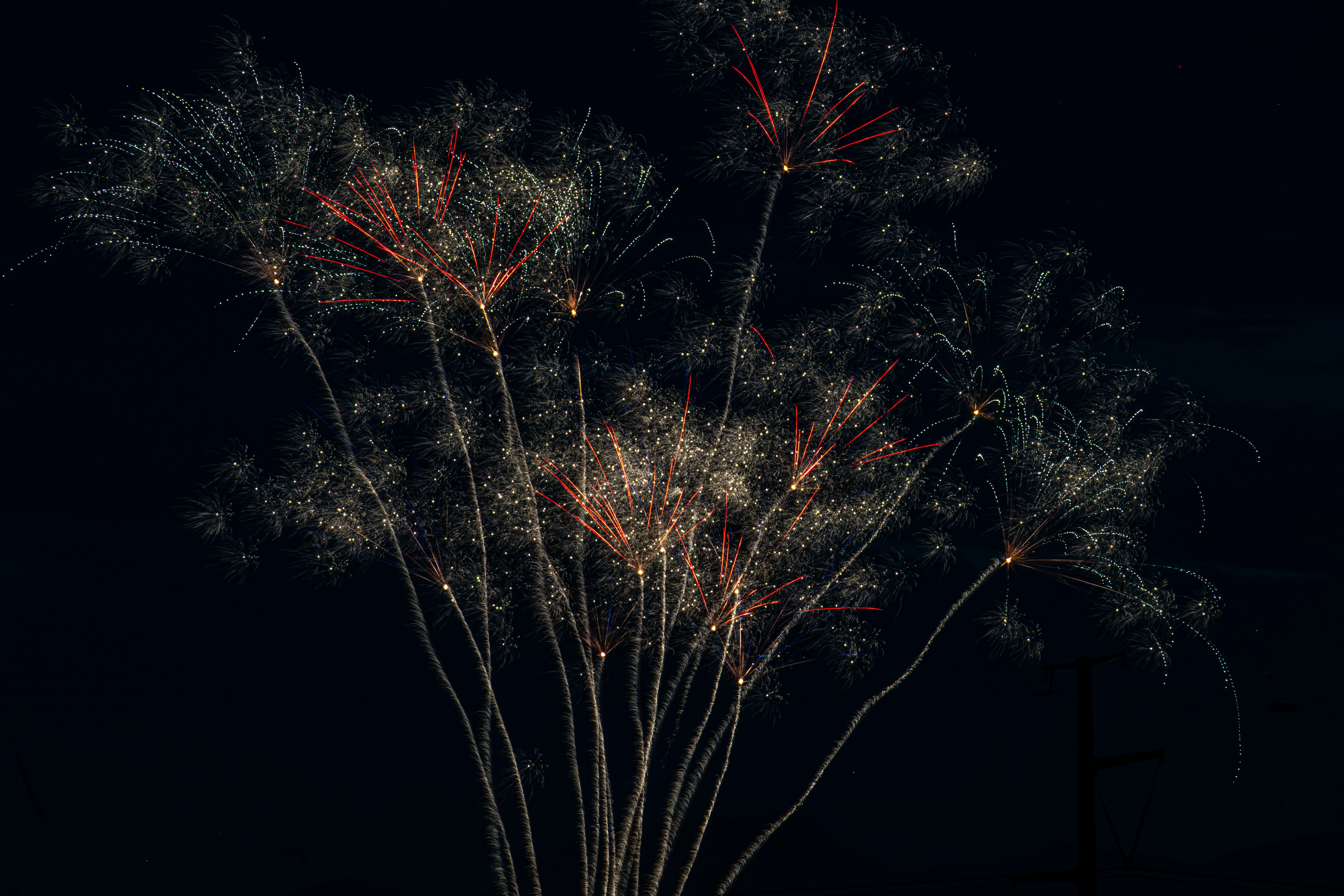Des feux d’artifice blancs et rouges allongés éclataient dans un ciel sombre.