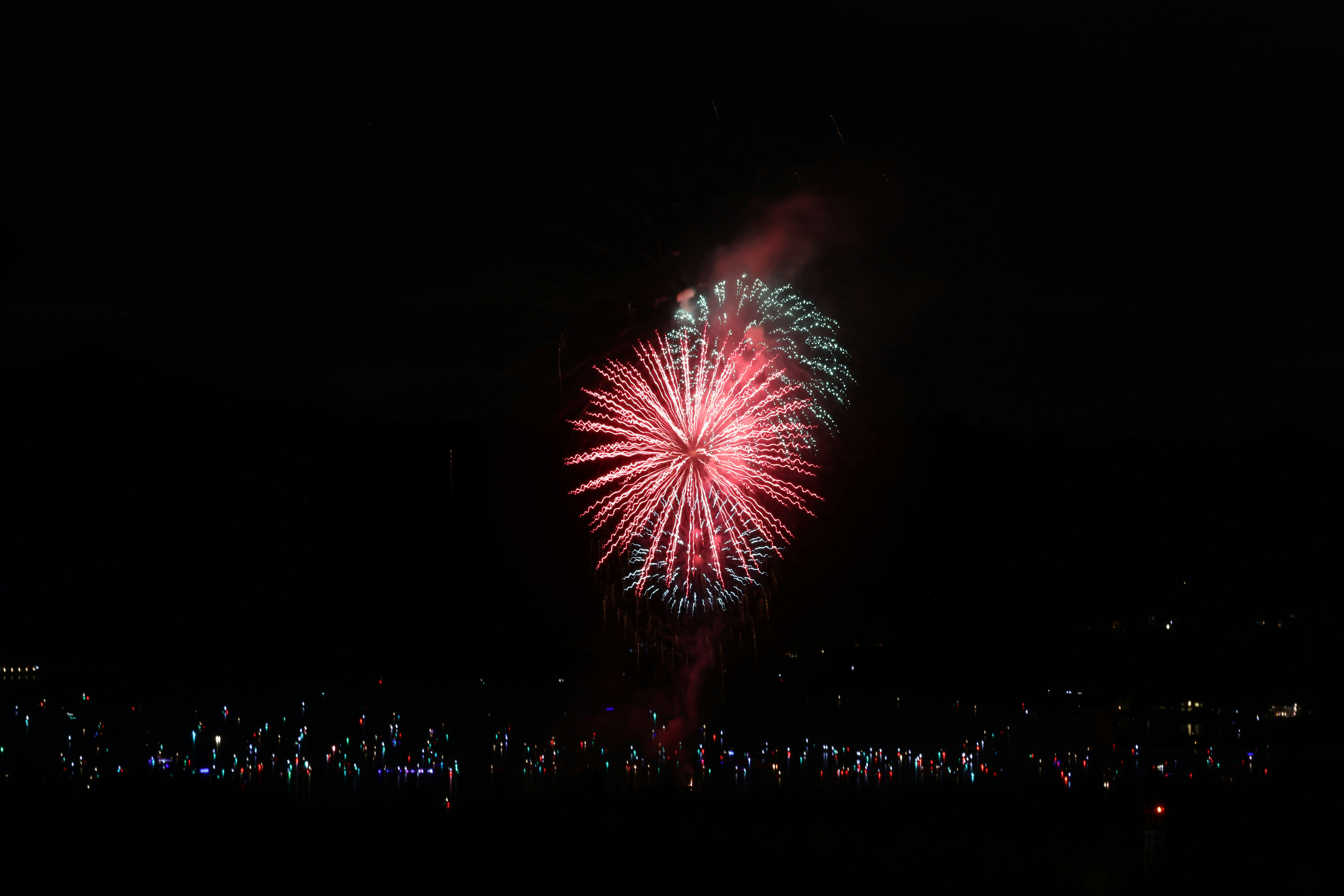 Fuochi d'artificio colorati esplodono sopra la folla notturna.