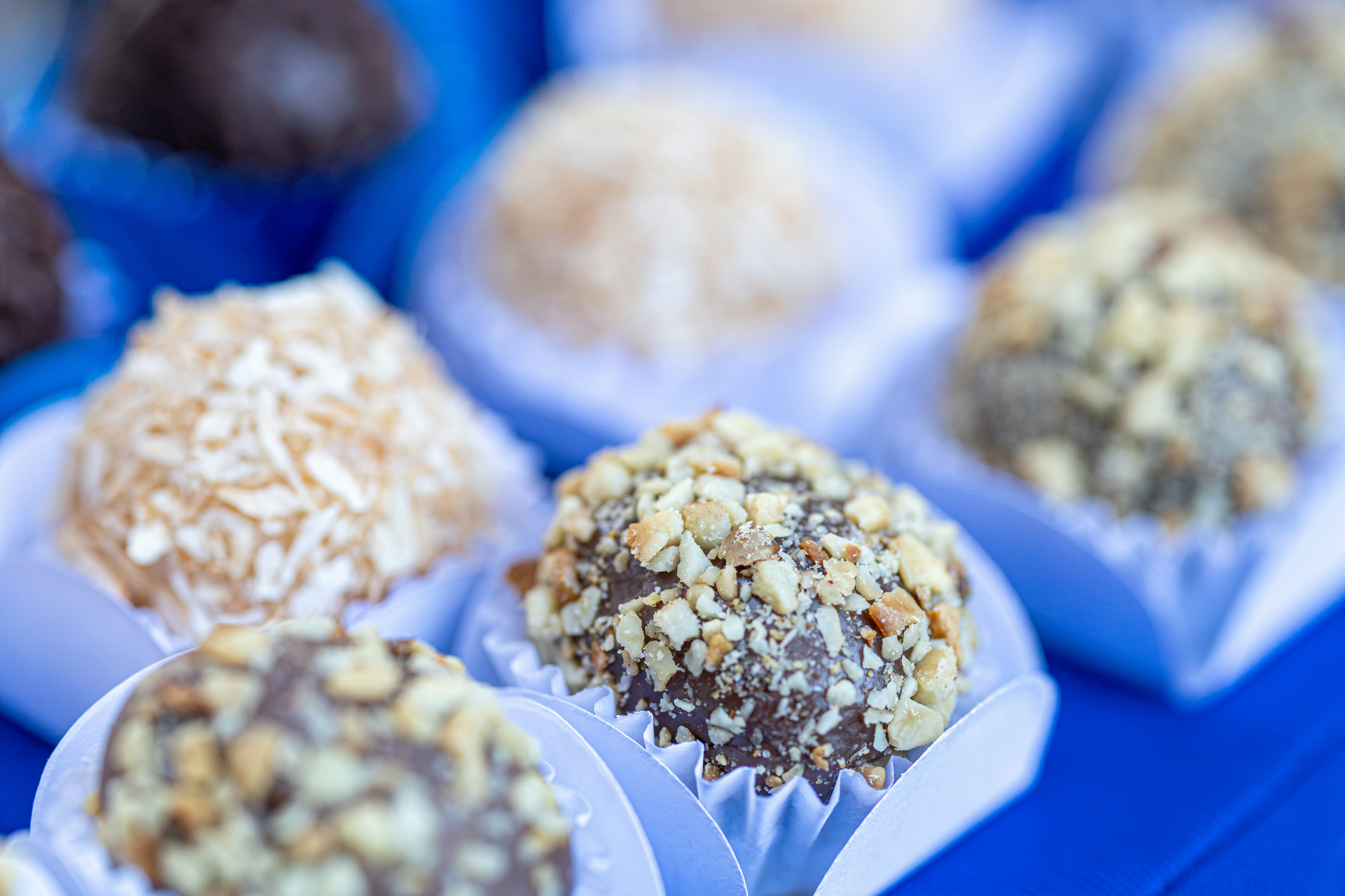 Assorted sweet truffles with nuts and coconut.
