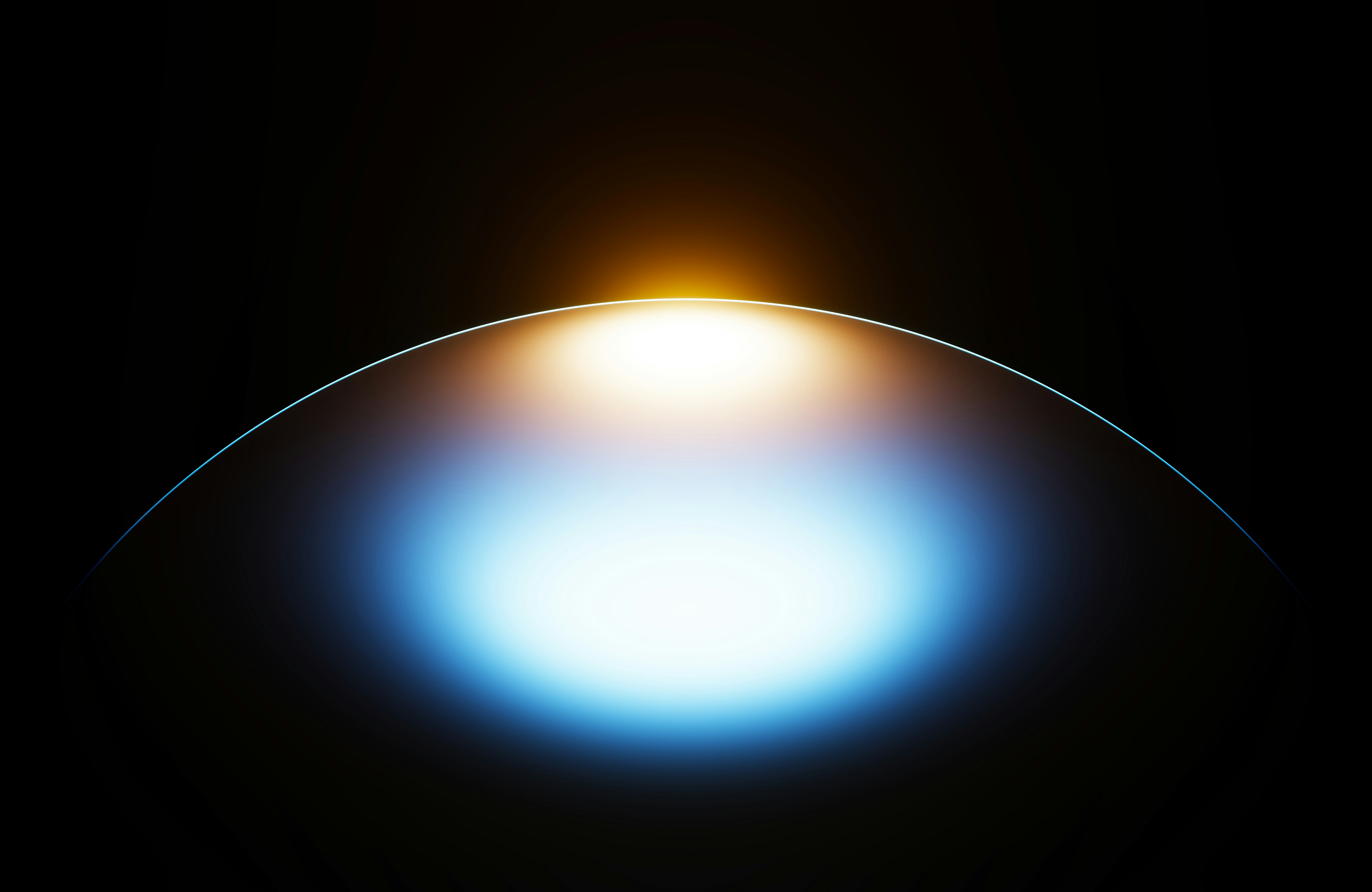 Abstract sunrise over a glowing blue curved horizon.