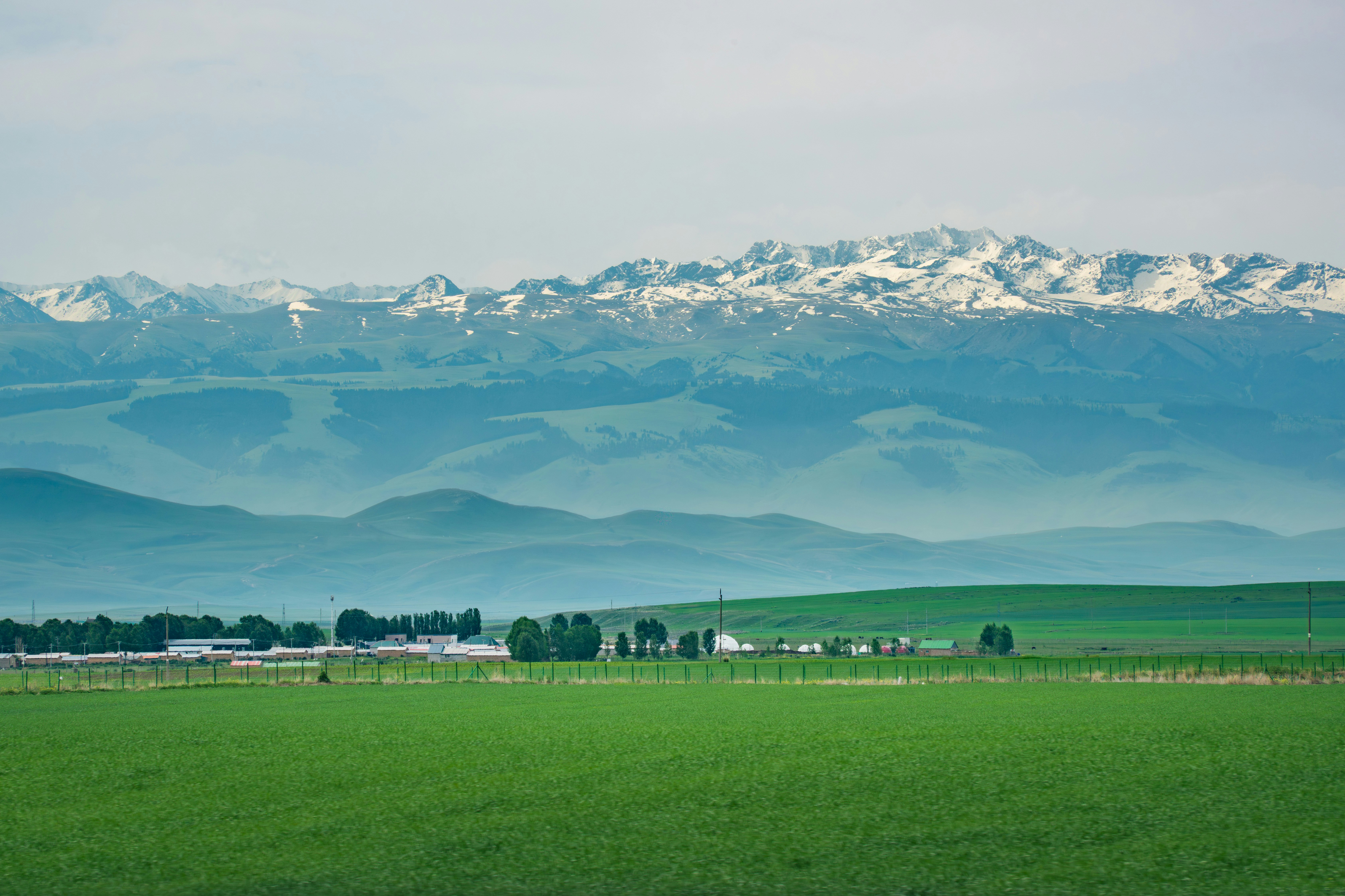 Green fields stretch towards snow-capped mountains and distant buildings.