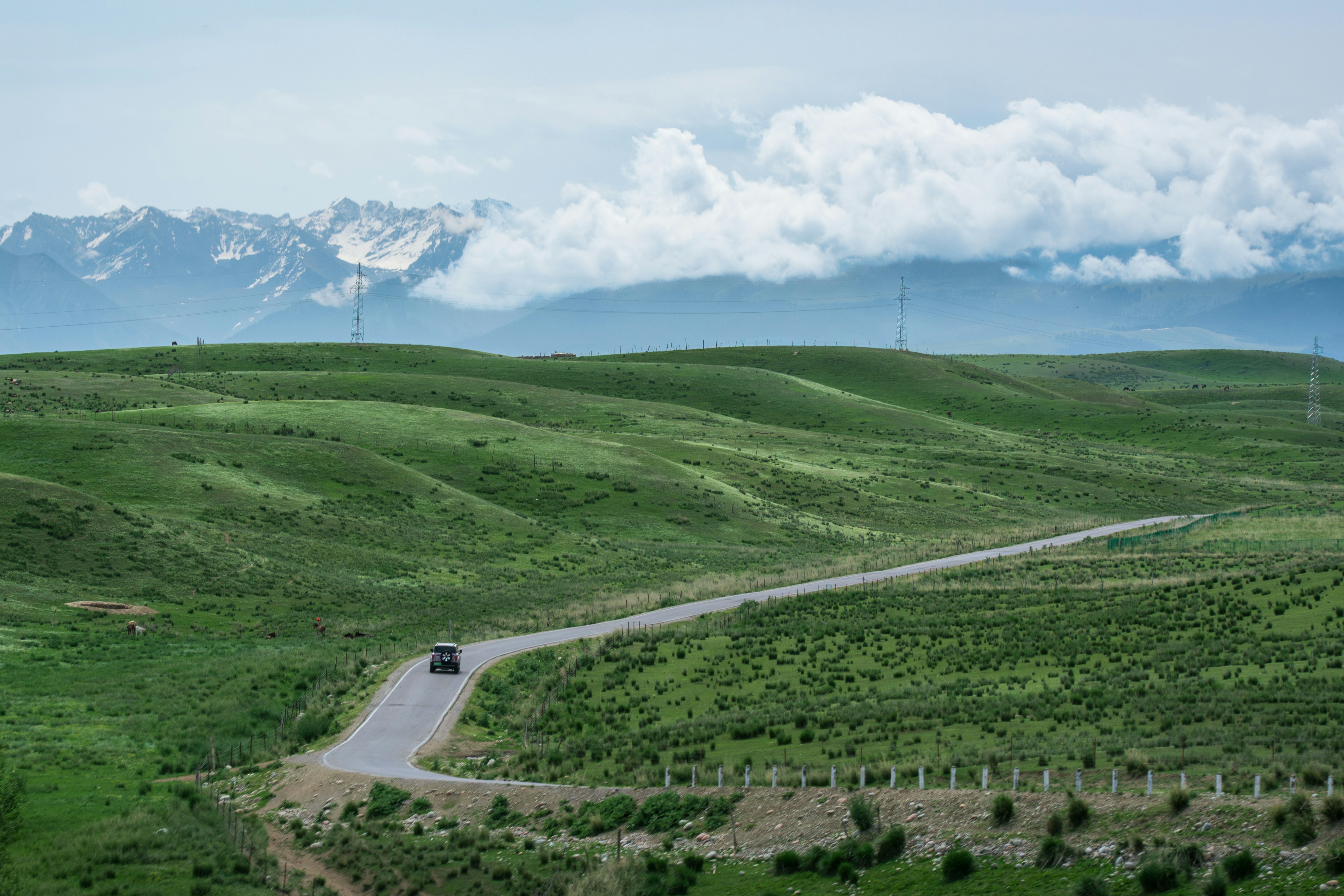 Car on winding road through green hills and snowy mountains.