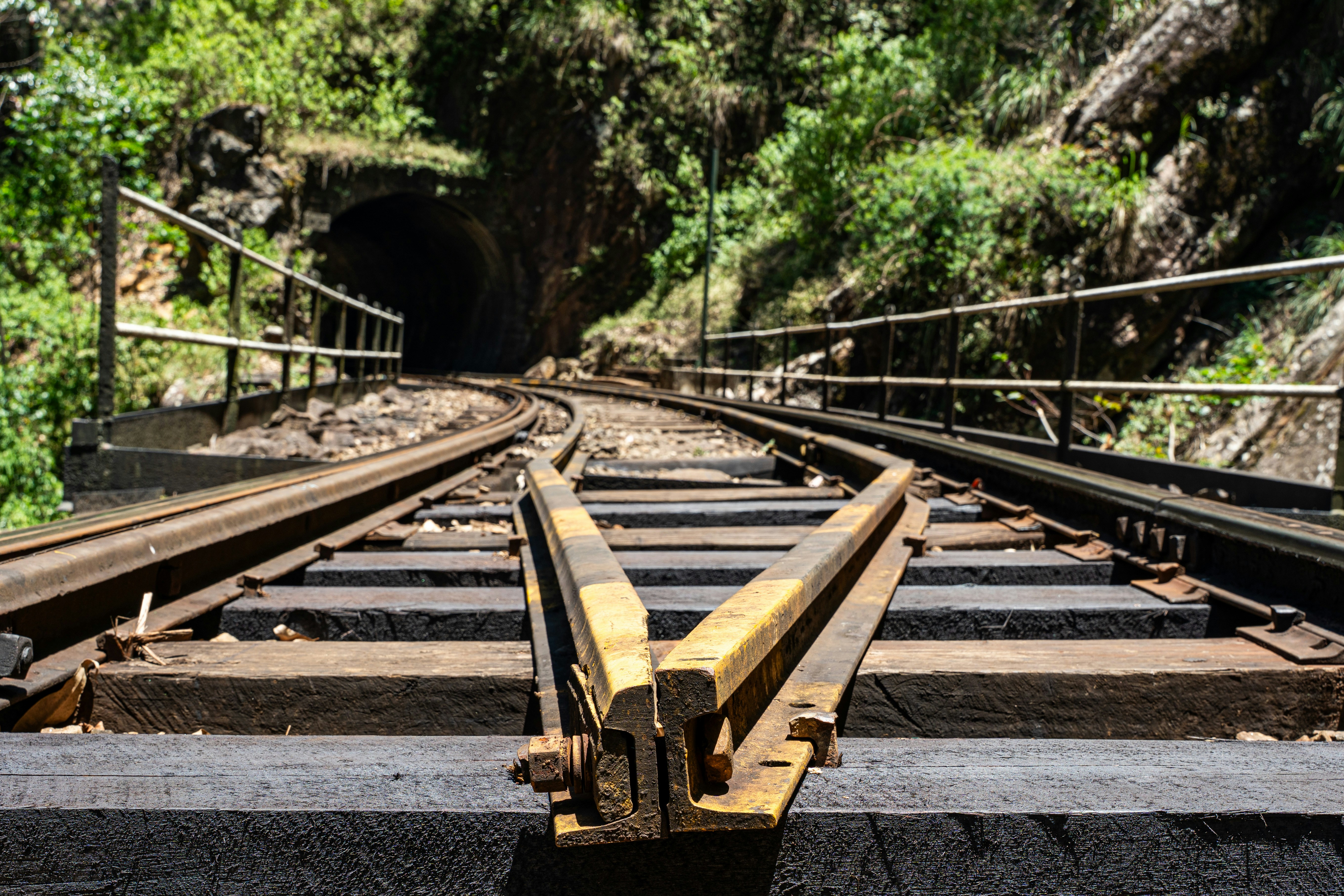 Railway points leading into a dark tunnel