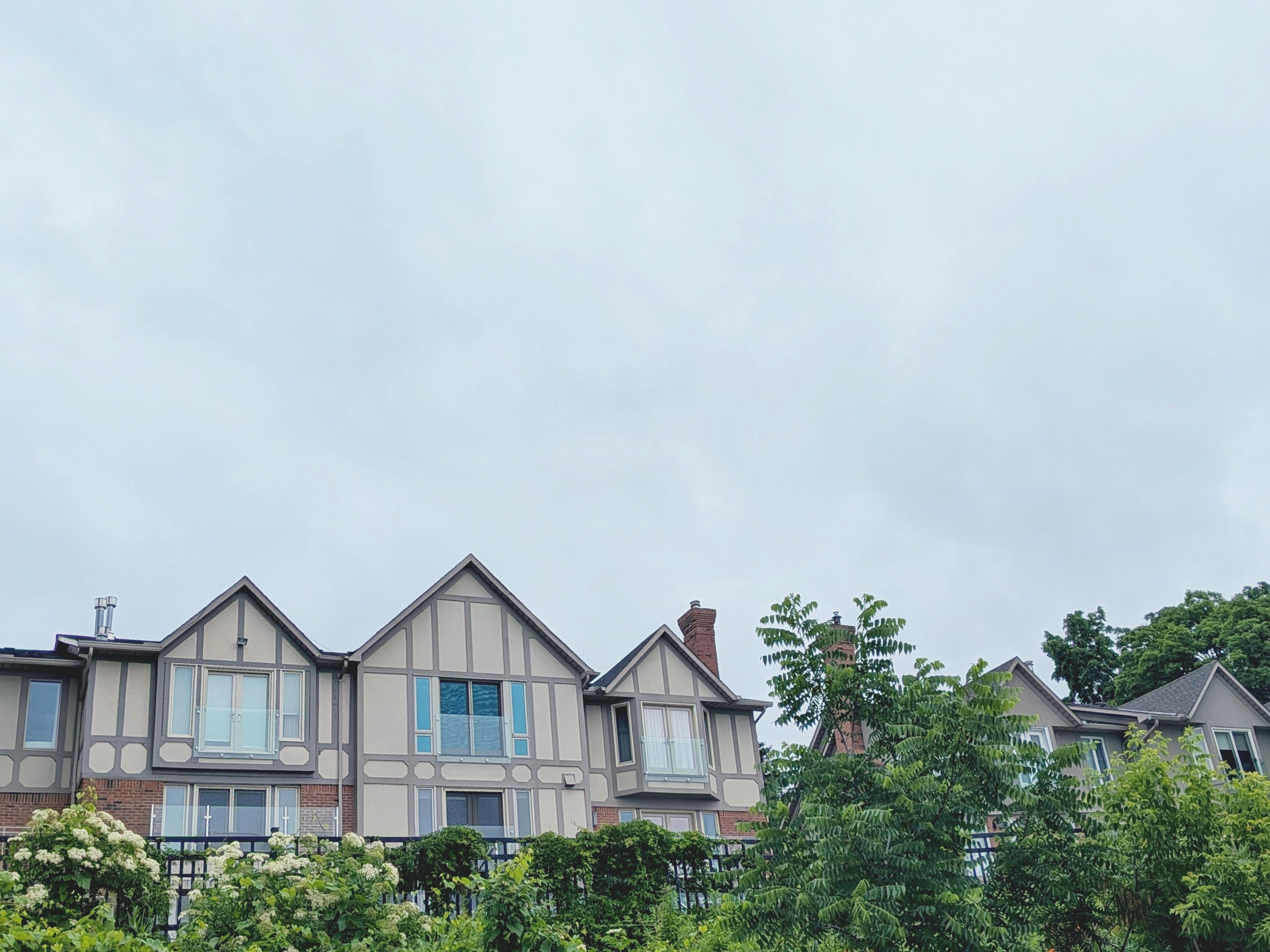 Houses and green trees under a cloudy sky.