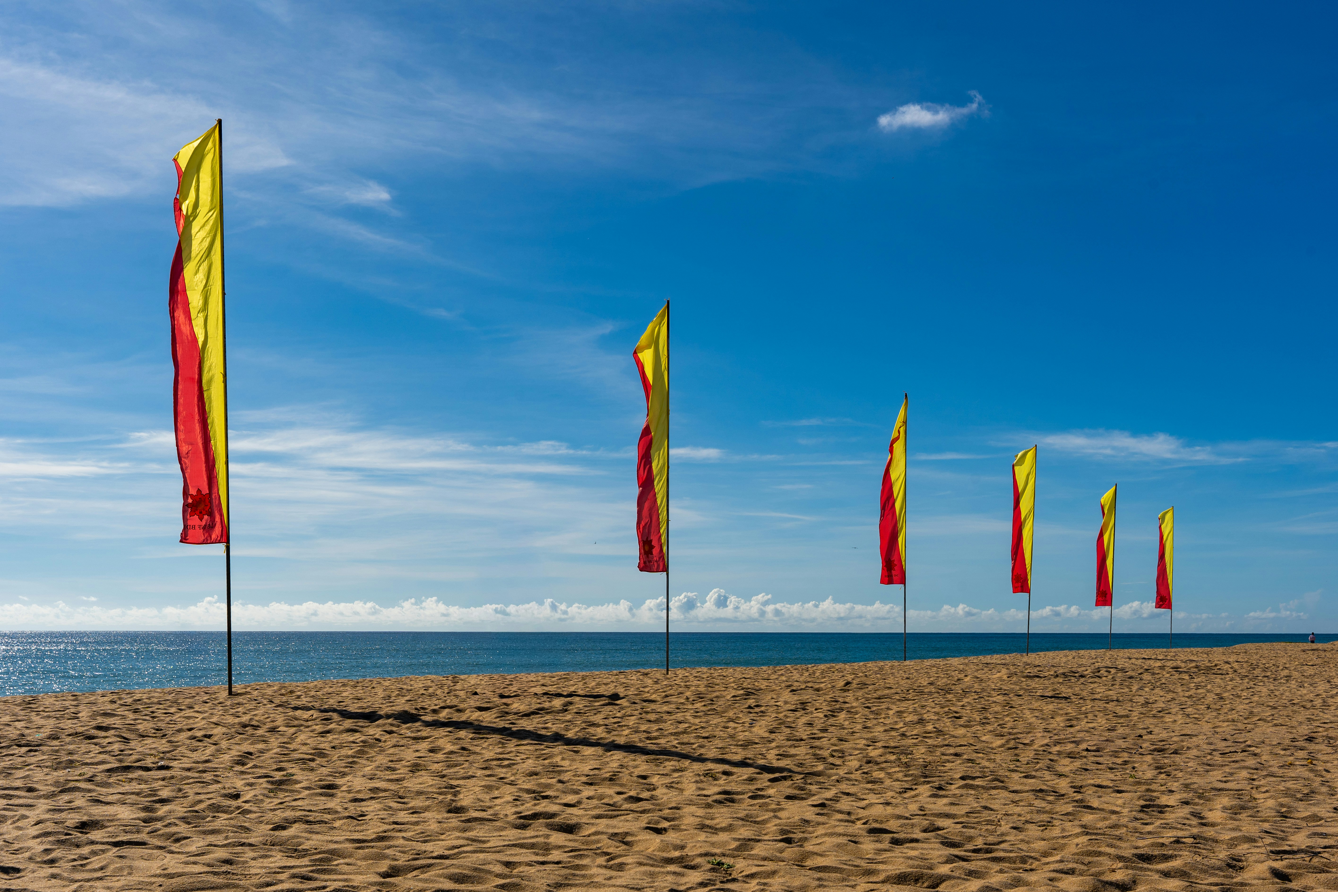 Row of red and yellow flags on a sunny beach.