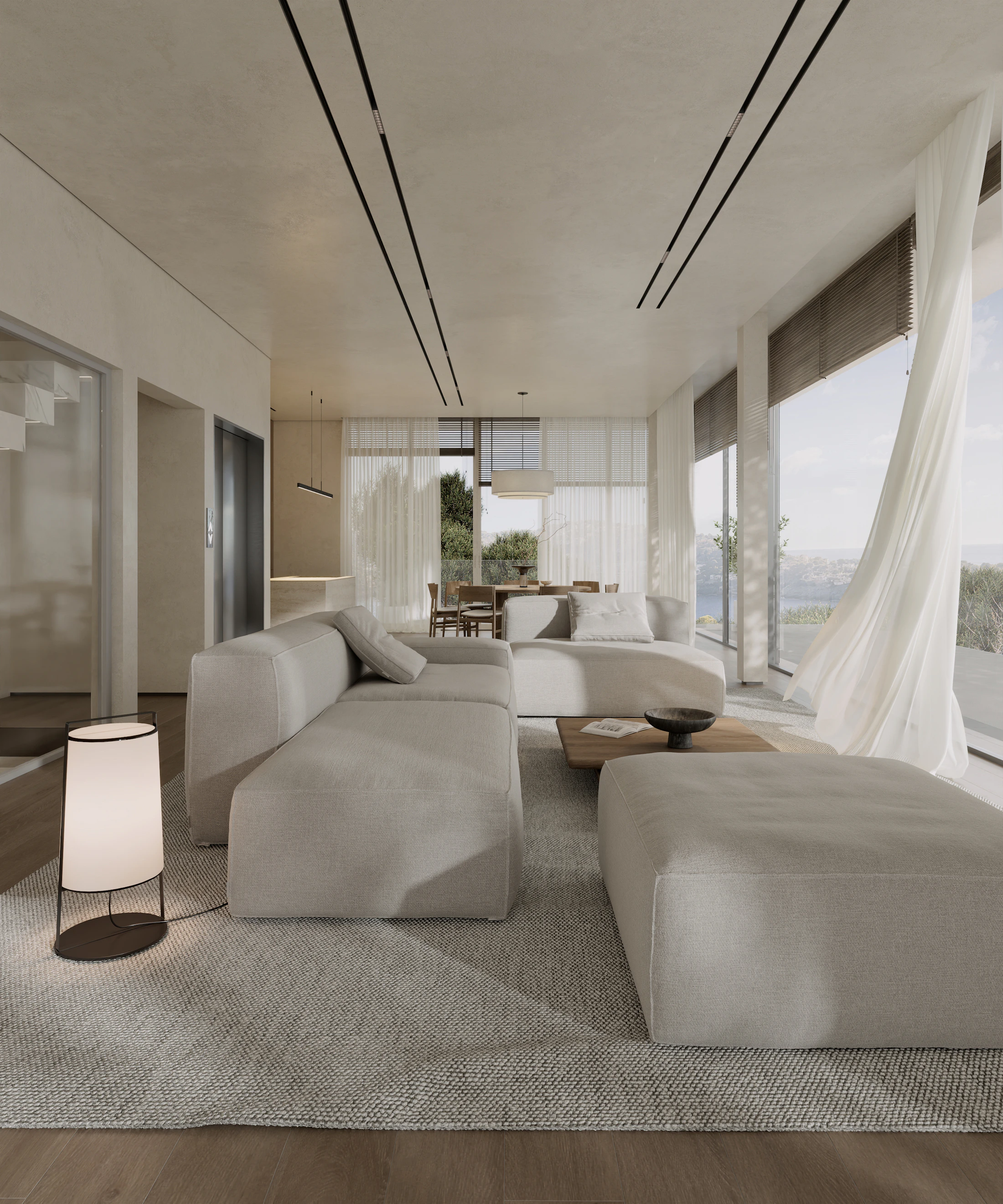 Refined modern living room with sectional sofa, lounge seating and sculptural coffee tables