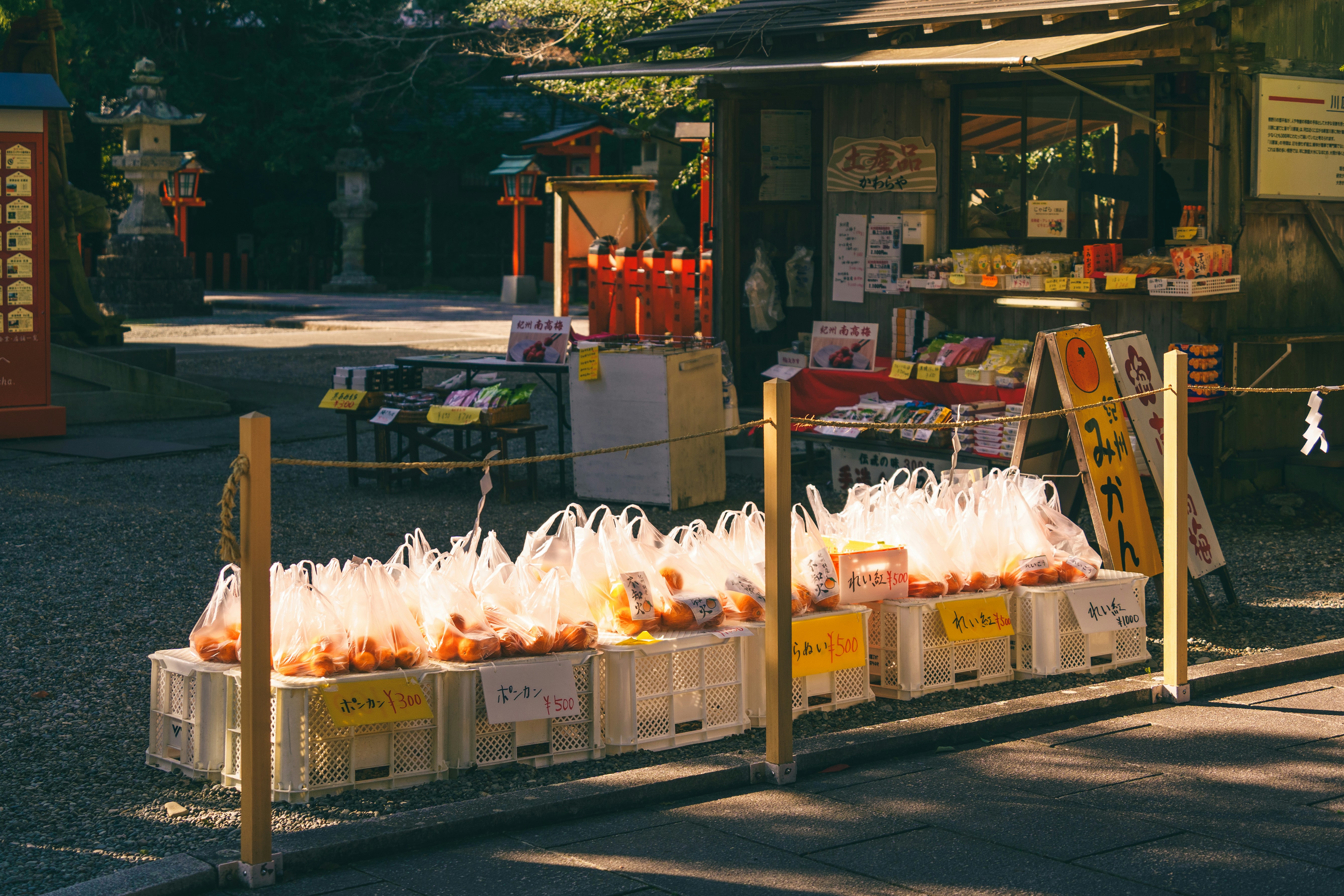 Oranges in plastic bags displayed at an outdoor market stall.