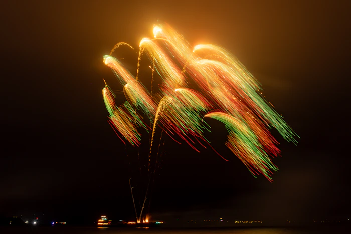 Fireworks exploding over the water at night, similar to Gustavia's New Year's Eve celebration