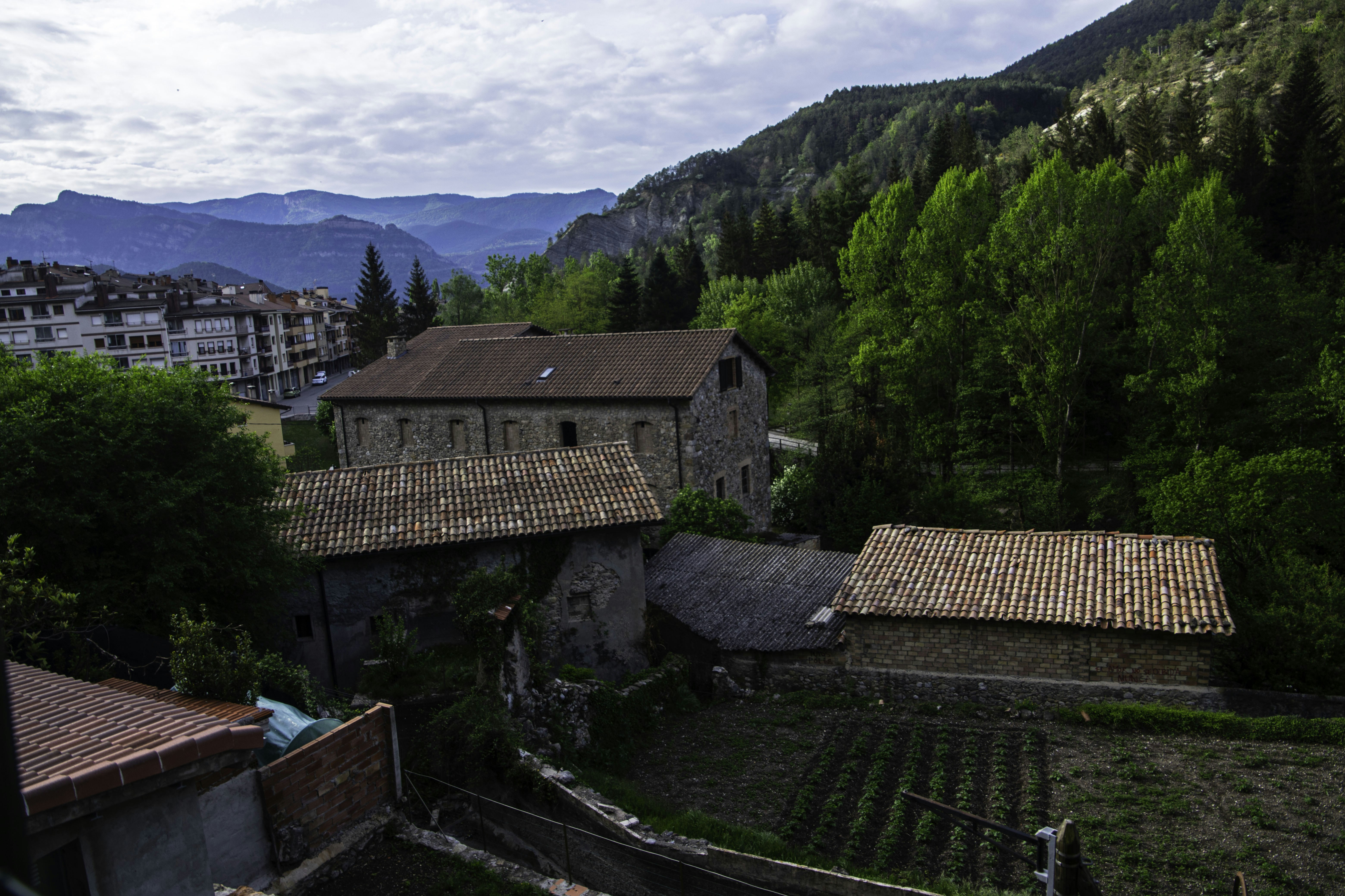 Old stone buildings nestled among green trees and distant mountains.
