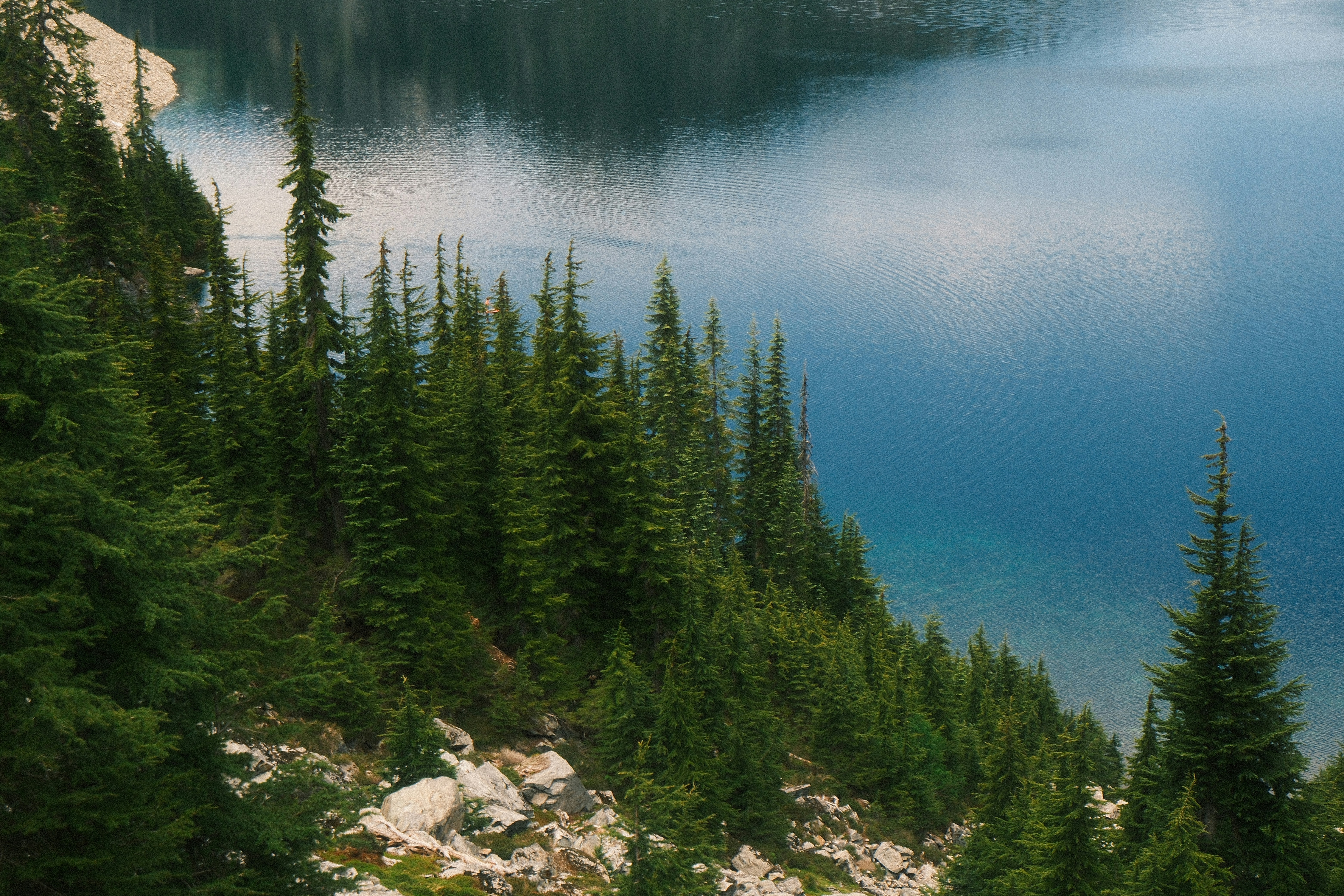 Nature Dense Evergreen Forest Slopes Down To A Clear Blue Lake. 4K Wallpaper #2509