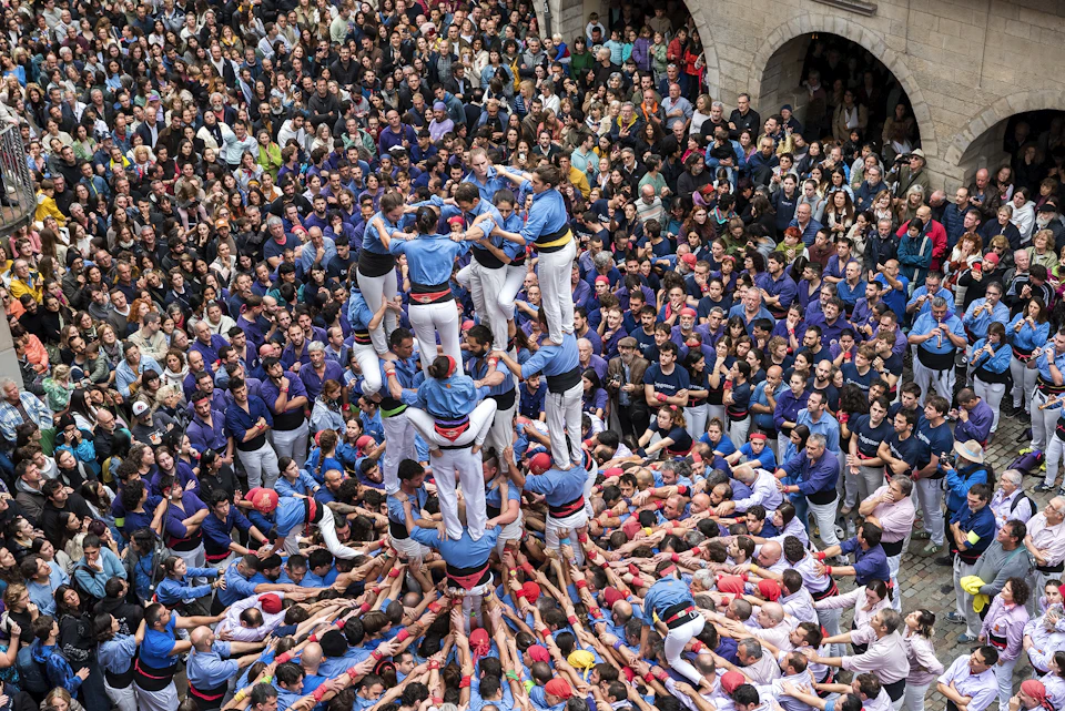 Castellers in blue shirts climbing into a human tower above the packed crowd that forms its base