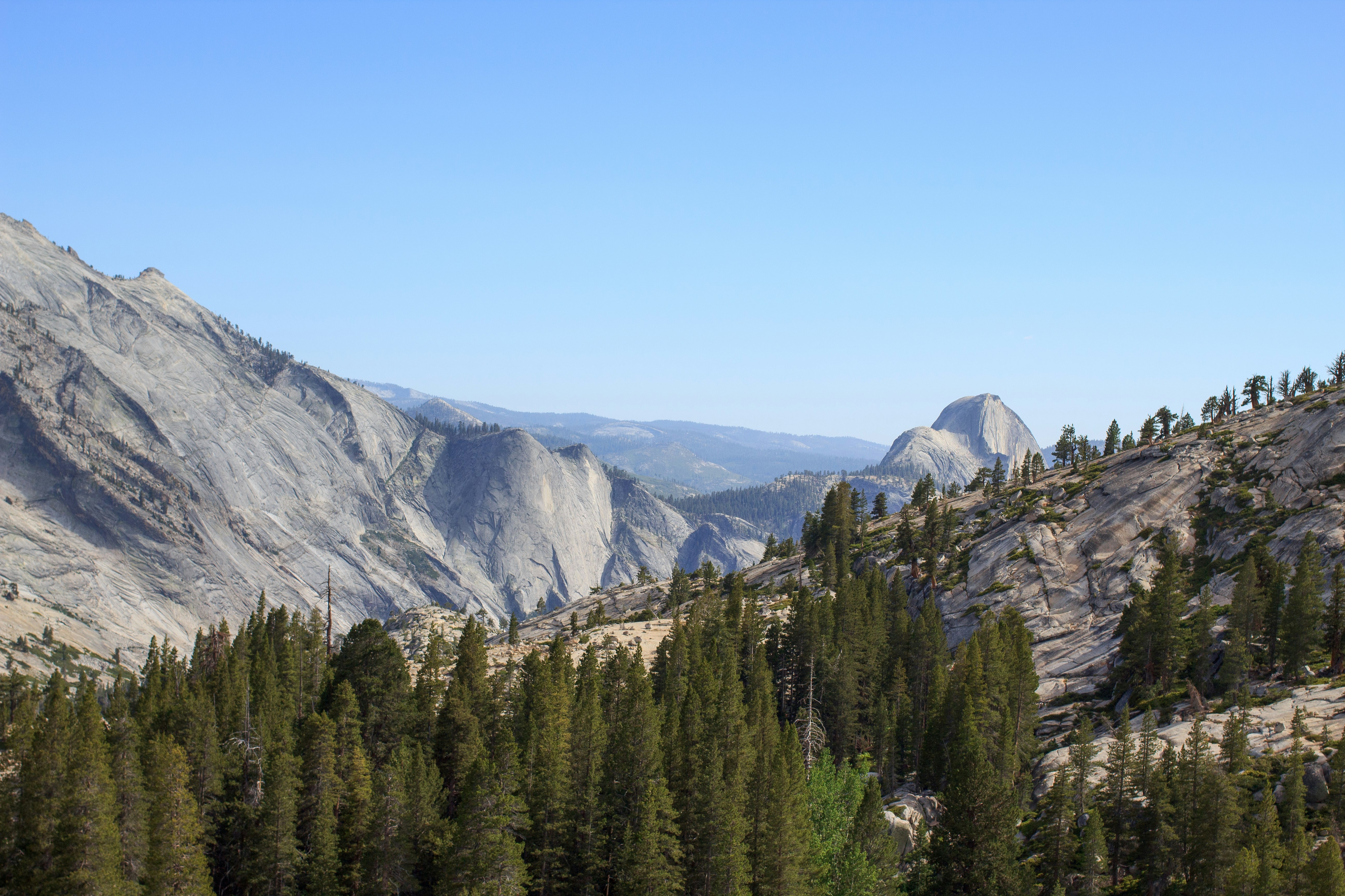 A vast mountain valley with granite peaks and evergreen trees.