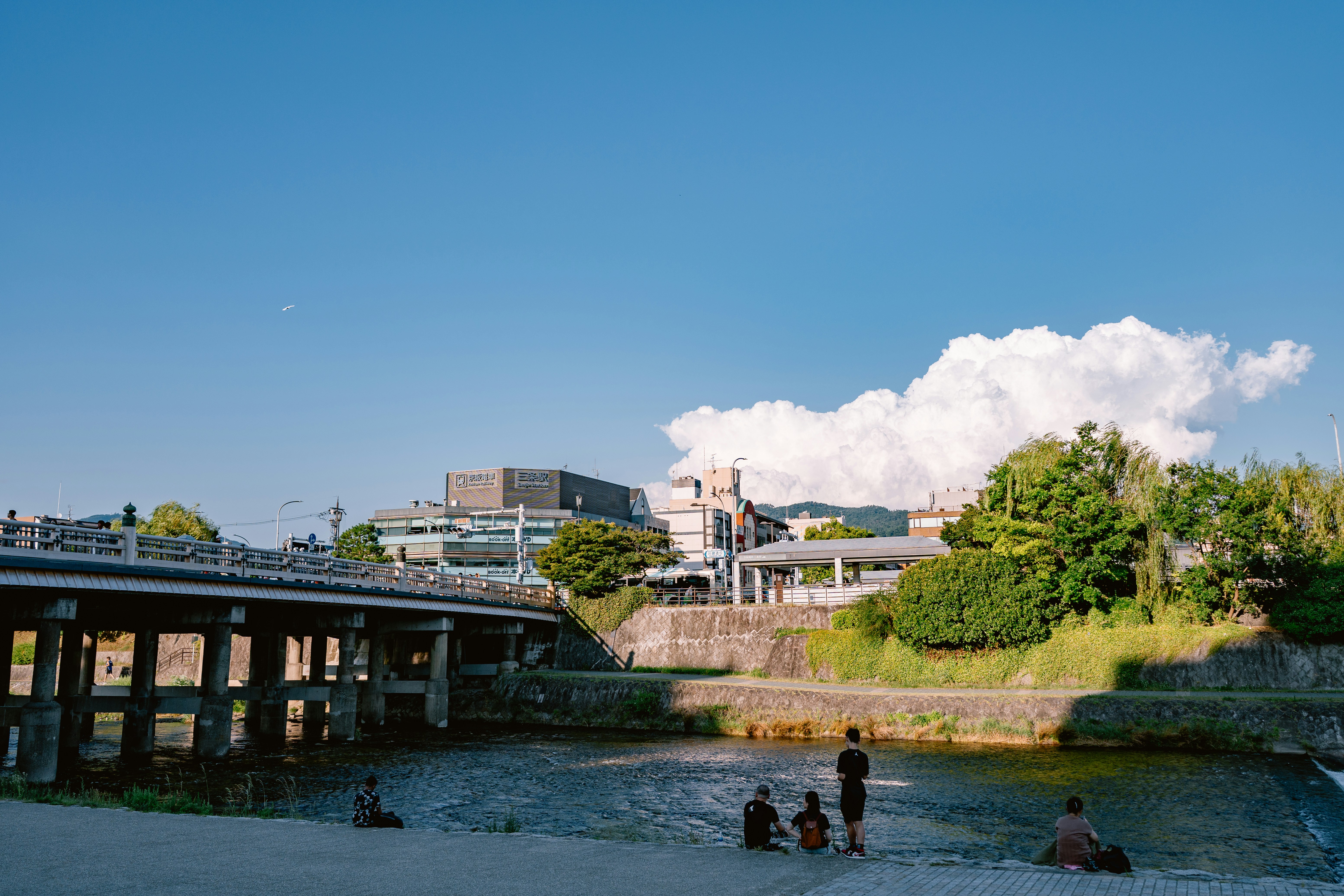 People wade in a river under a bridge, sunny sky.