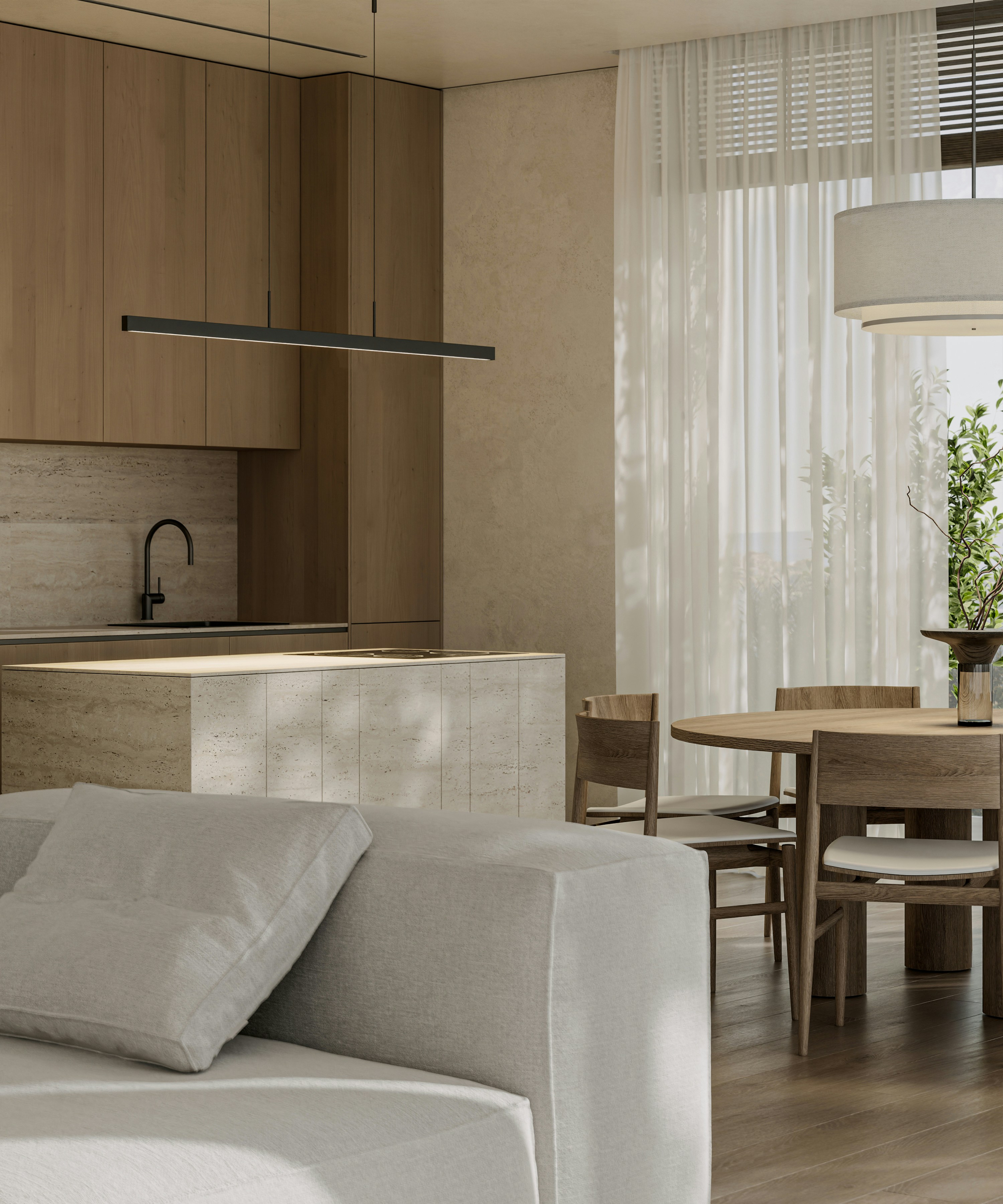 Modern minimalist open-plan living room with kitchen and dining area.