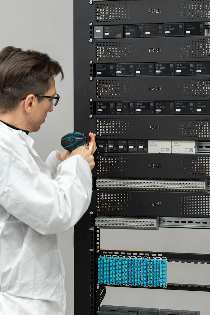 engineer servicing rack-mounted equipment