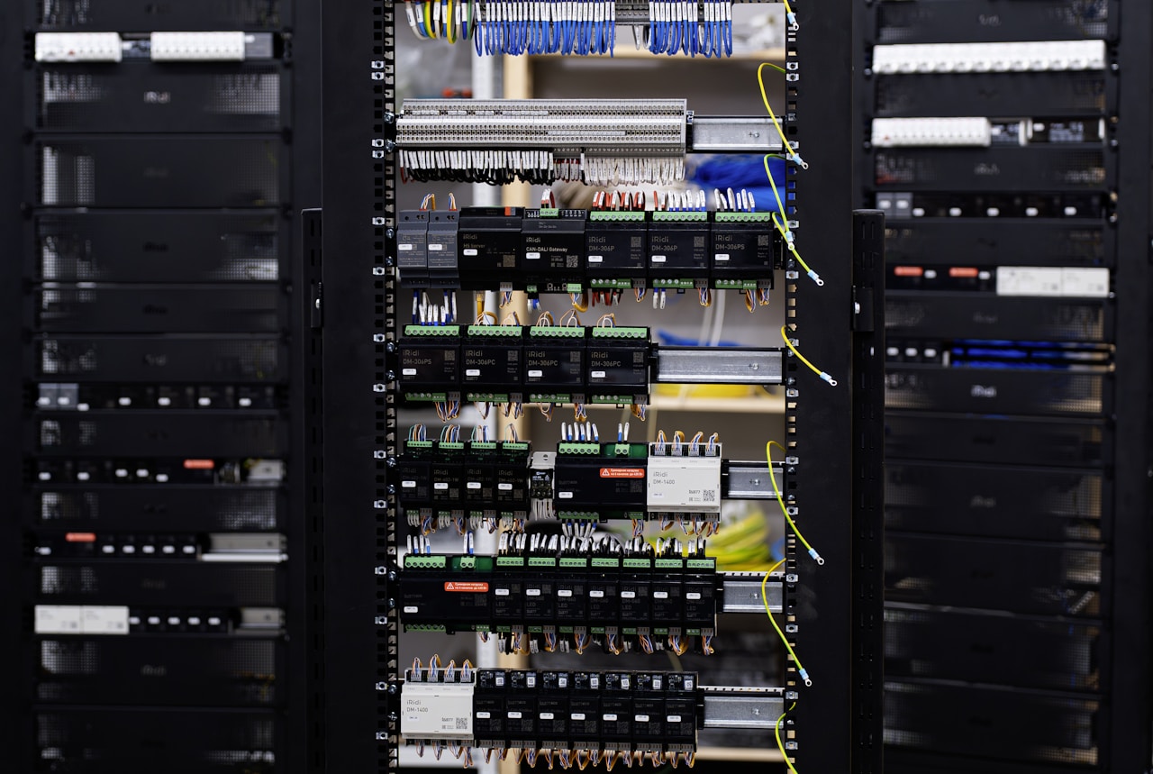 An open electrical control cabinet packed with terminal blocks and labelled wiring
