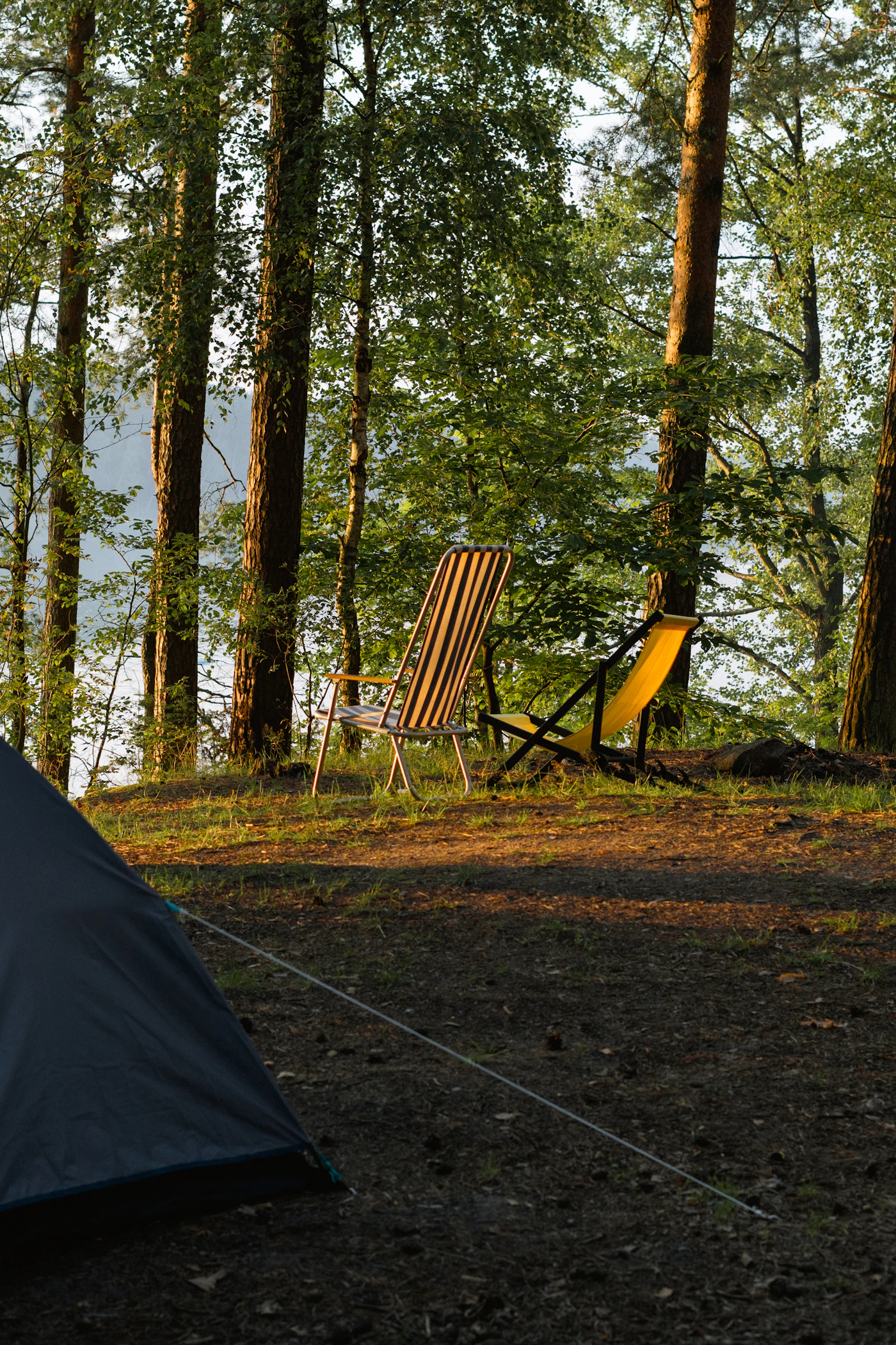 Camping tent and folding chairs arranged among trees near a lake