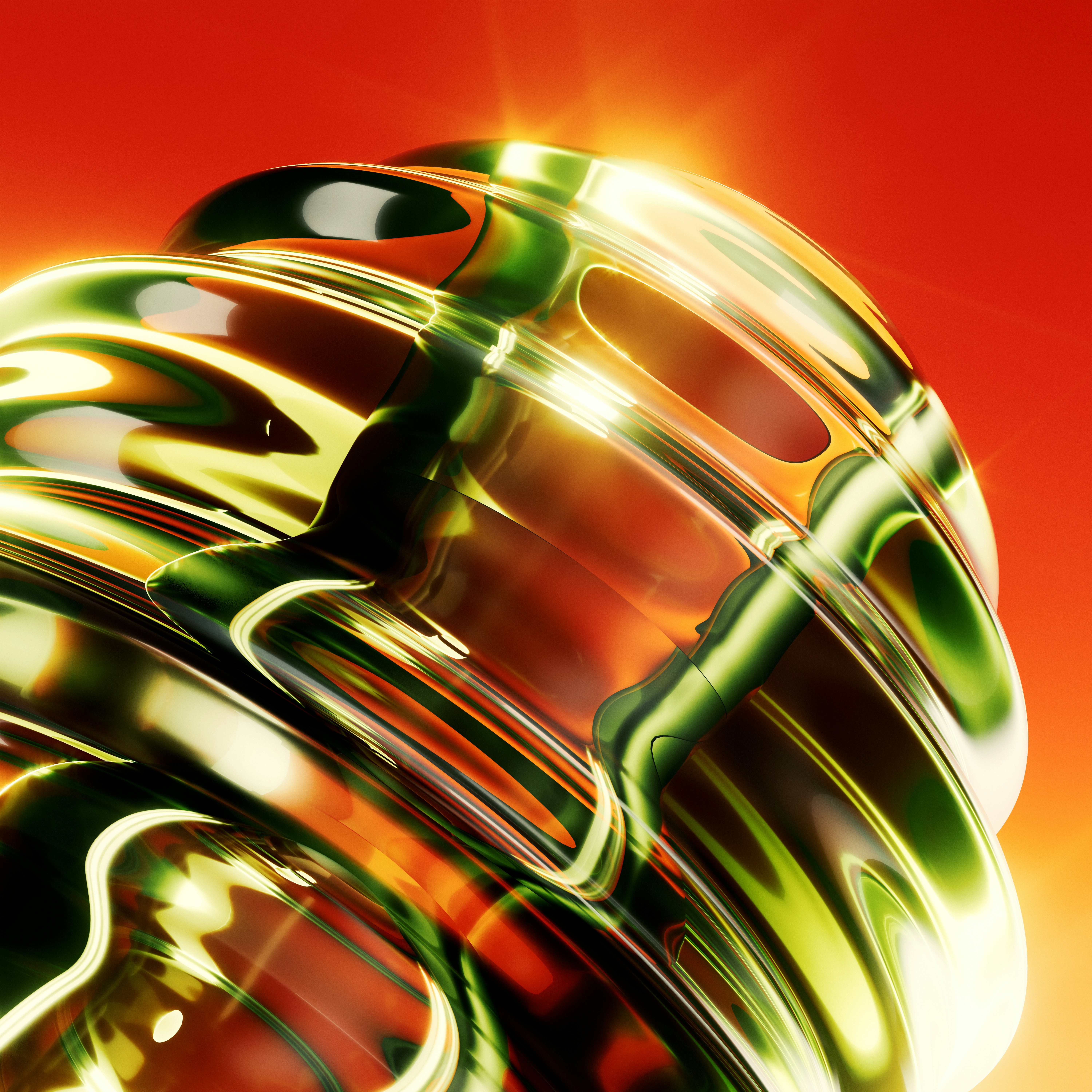 Abstract twisted metallic shape with green and gold reflections