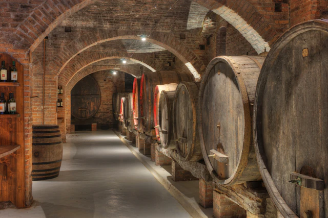 Cantina con volte in mattoni e grandi botti di rovere