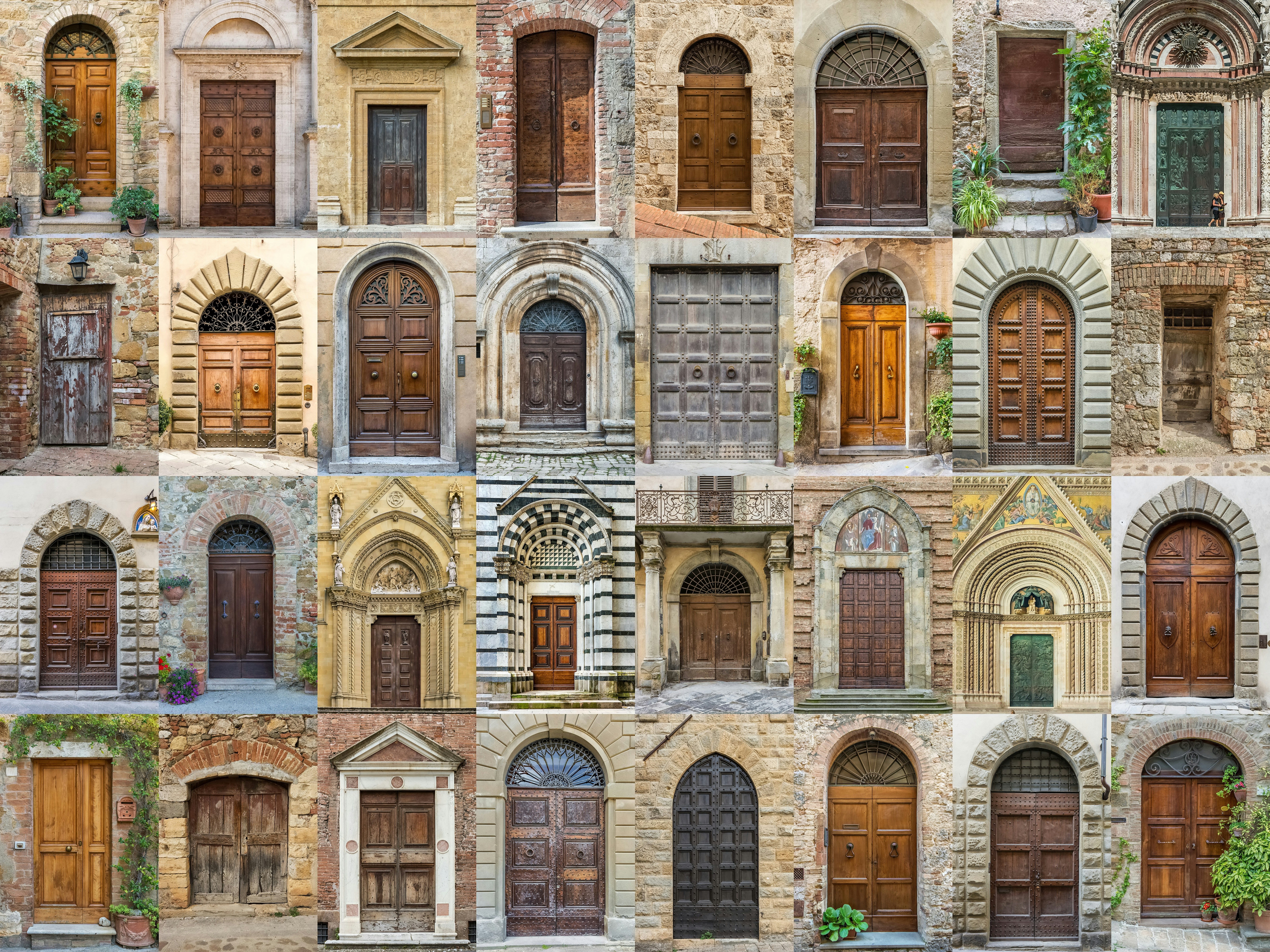 A collage of various antique wooden doors in stone buildings
