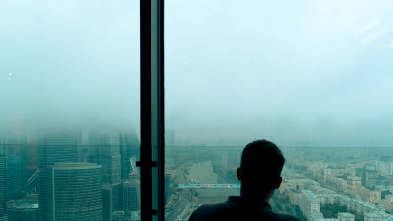 Silhouette of a person looking out at a misty city skyline