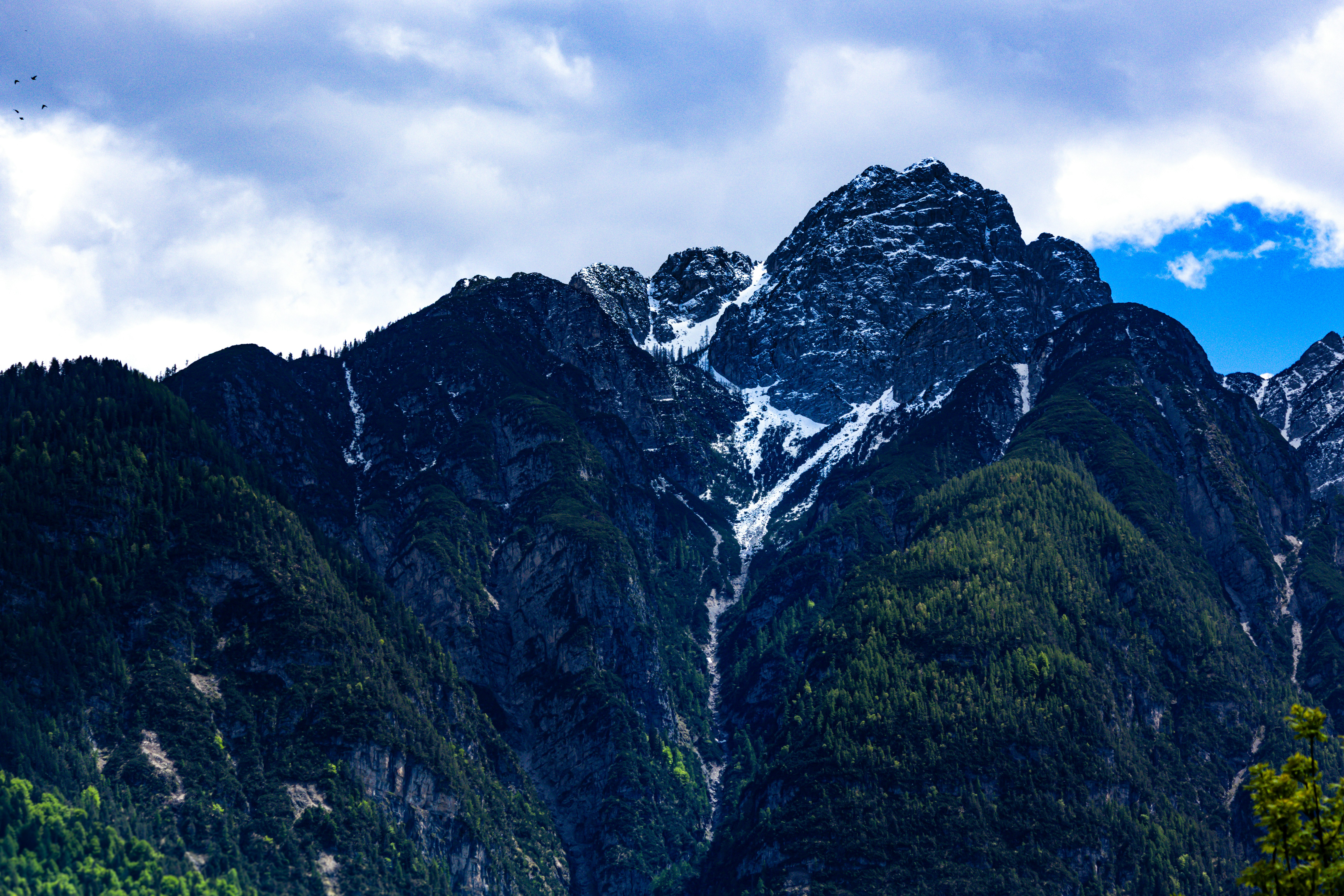 Mountains Snow Capped Mountain Peak With Green Trees Under A Cloudy Sky. 4K Wallpaper #3563