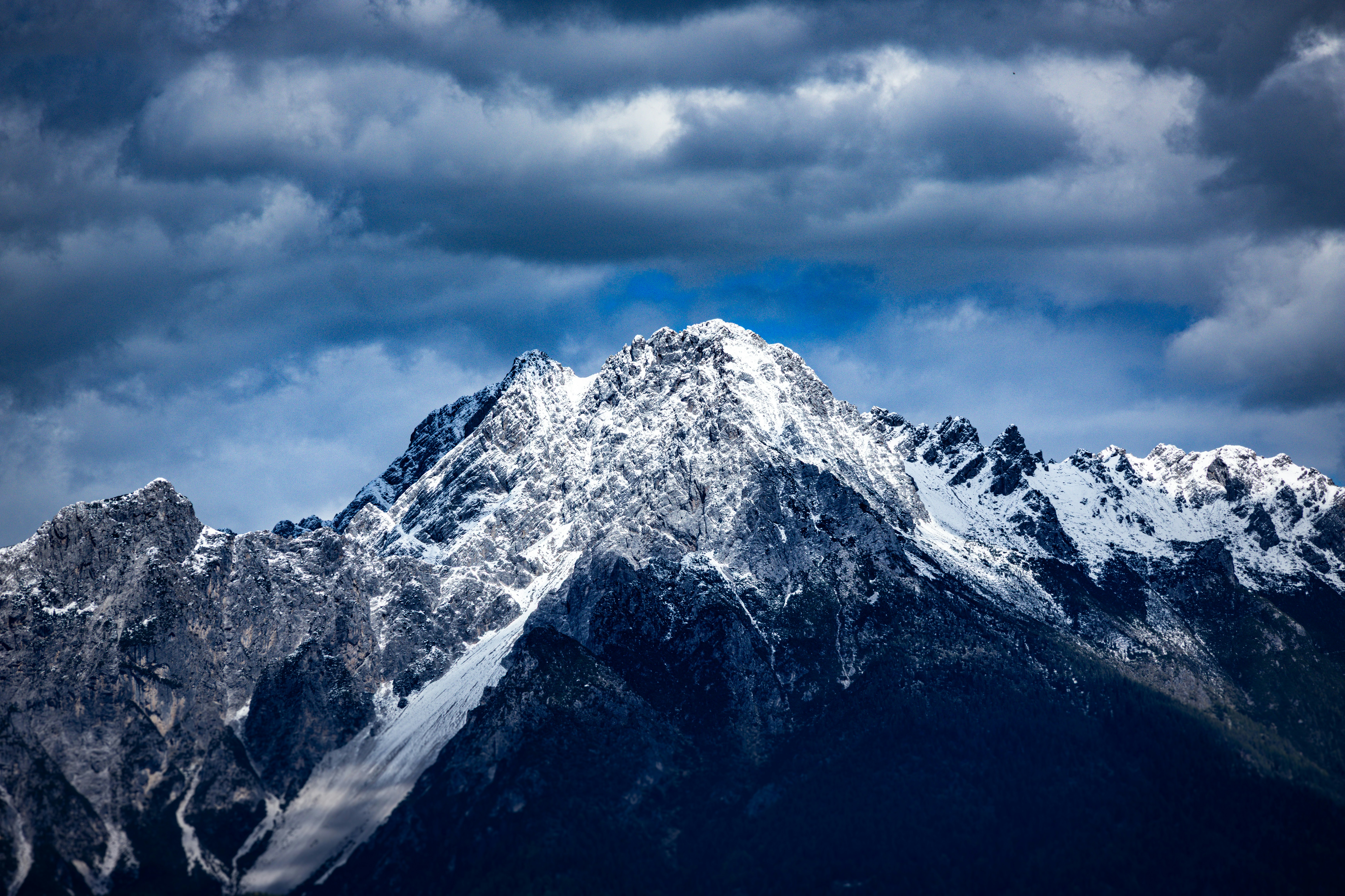 Mountains Snow Capped Mountain Peak Under Dramatic Cloudy Sky. 4K Wallpaper #3556