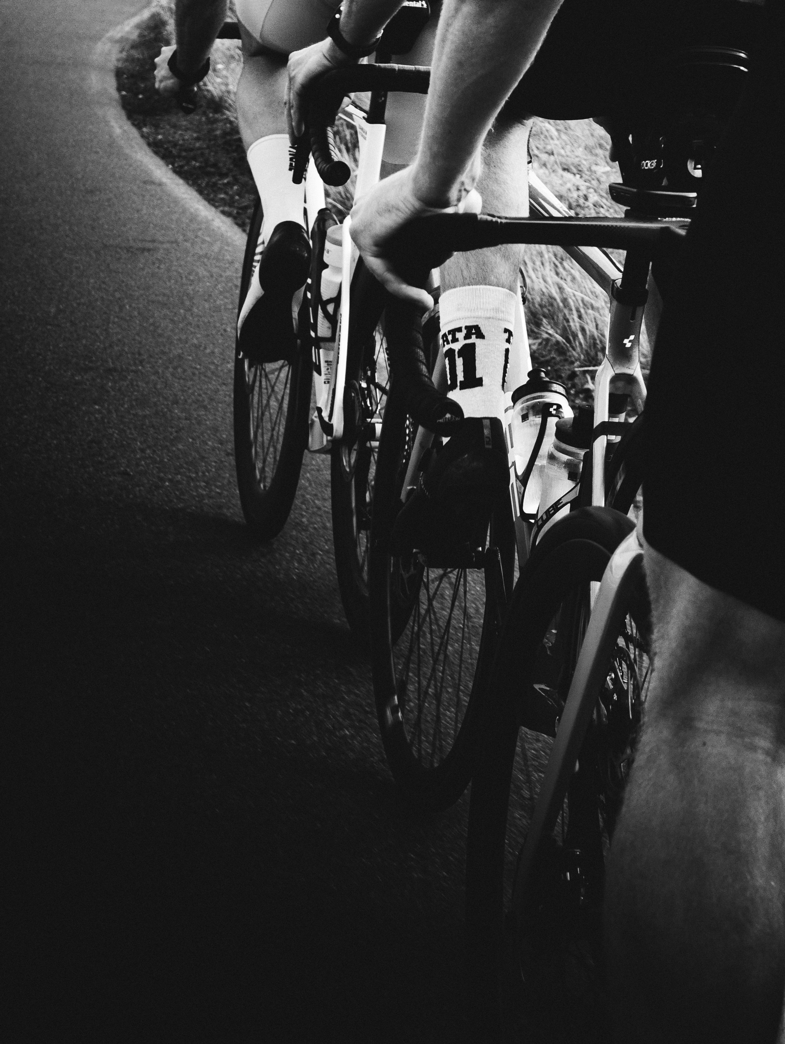 Cyclists riding bikes on a curved road.