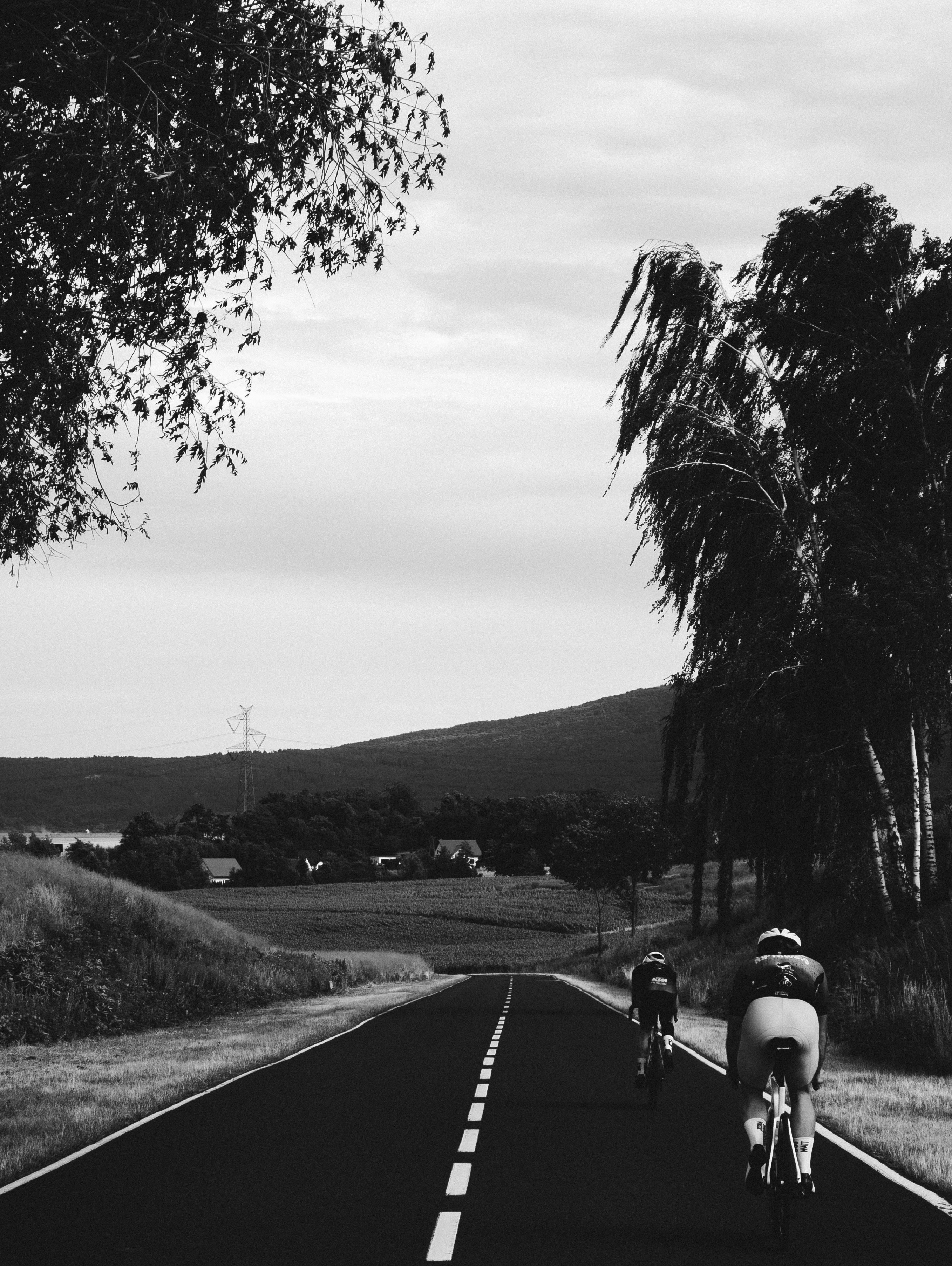 Two cyclists ride on a road through a hilly landscape.